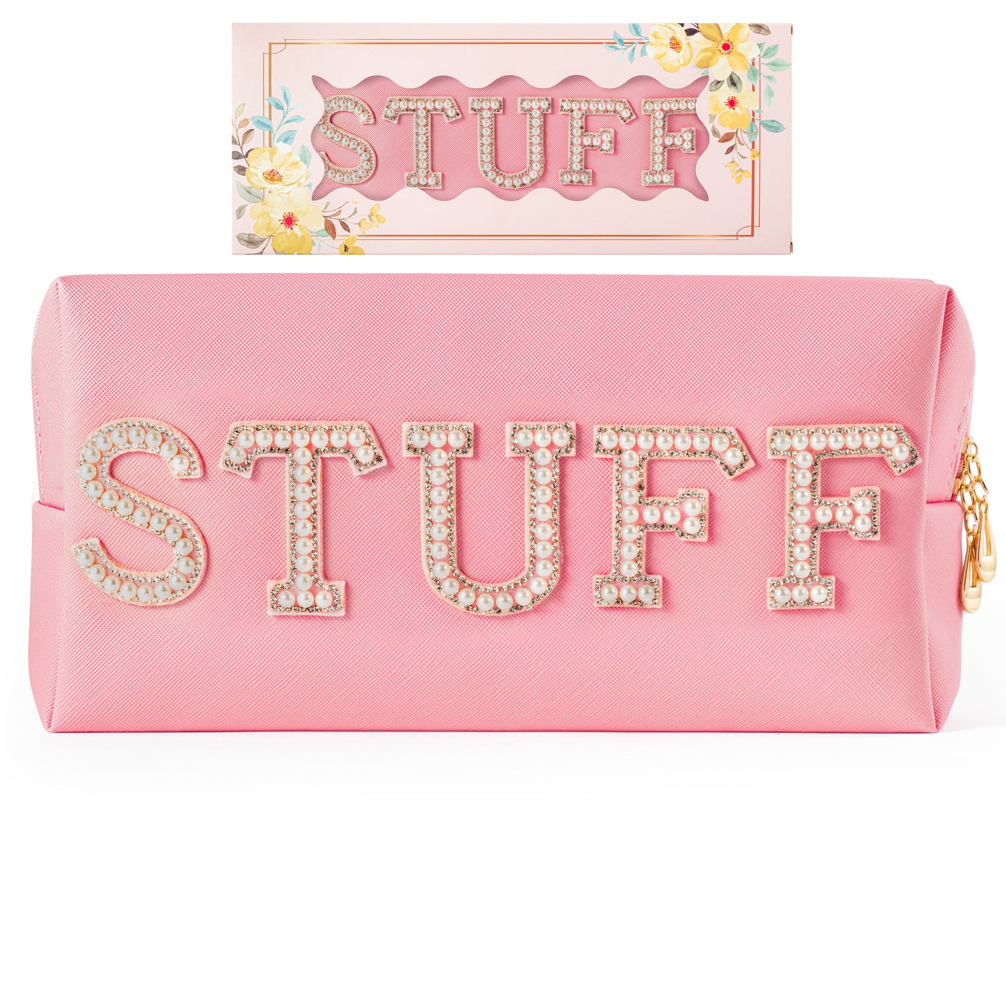 Y1tvei Pearl Rhinestone Stuff Letter Pink Patch Makeup Bag Extra Large Pu Leather Cosmetic Pouch Varsity Pearl Letter Toiletry Bag Waterproof Portable Zipper Travel Organizer for Women Girls (Pink)