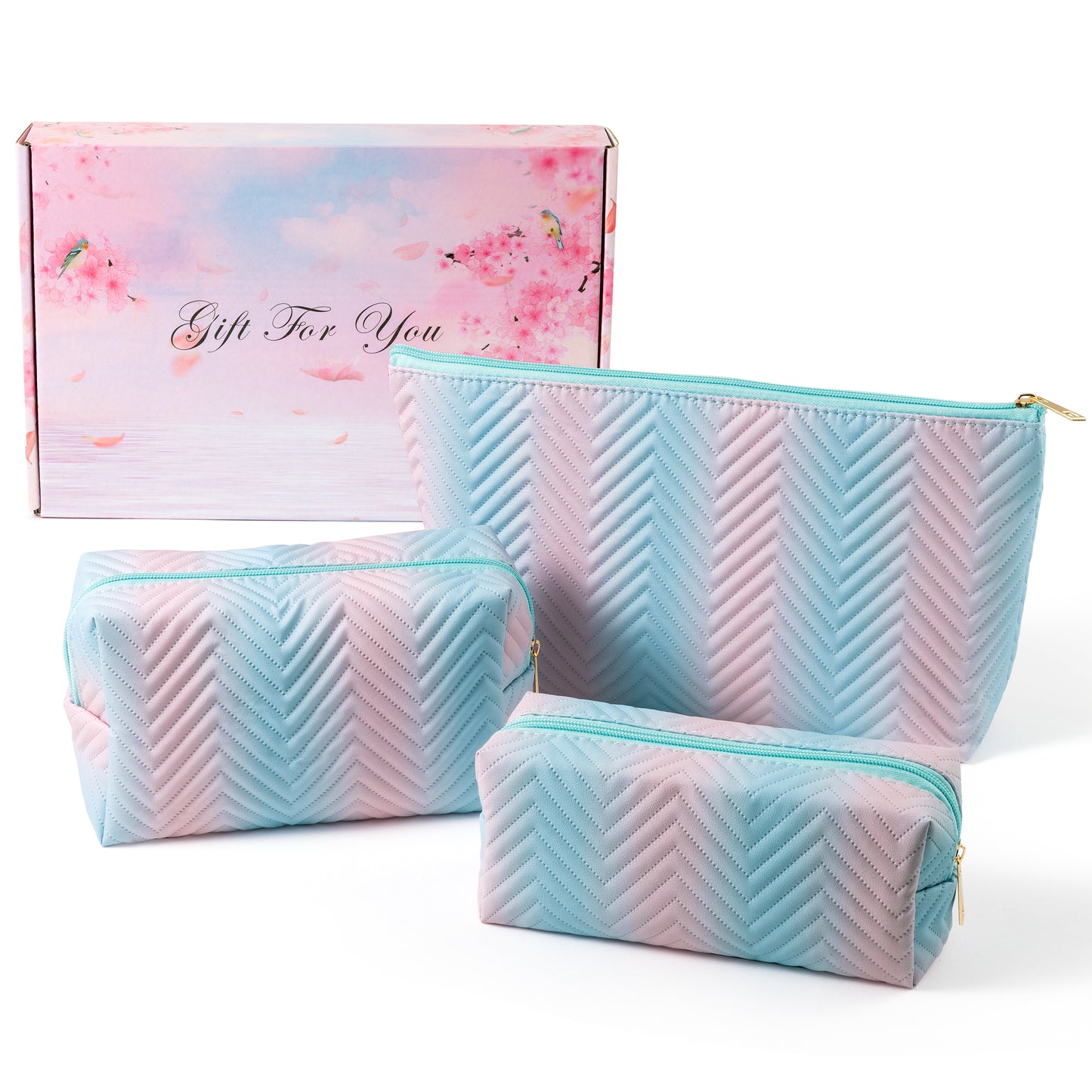 Y1tvei Gradient Makeup Bag Set - 3Pcs Blue Pink Gradient Makeup Bag Colorful Leather Waterproof Fantasy Cosmetic Pouch Makeup Brush Bag Zipper Carry Pouch Travel Toiletry Organizer Gifts for Women