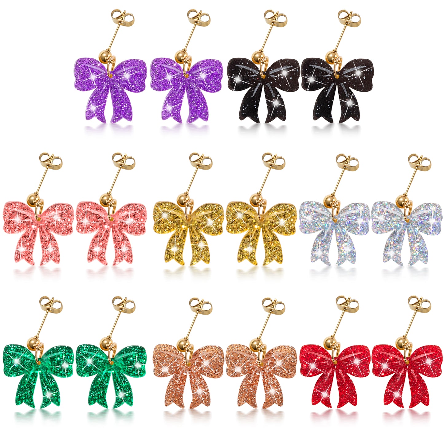 Y1tvei Bow Earrings for Women - 8Pairs Red Multicolor Bowknot Shaped Sparkly Glitter Stud Dangle Earring Elegant Ribbon Bowknot Earring Variety Pack Lightweight Trendy Stuff Cute Bow Gift for Girls