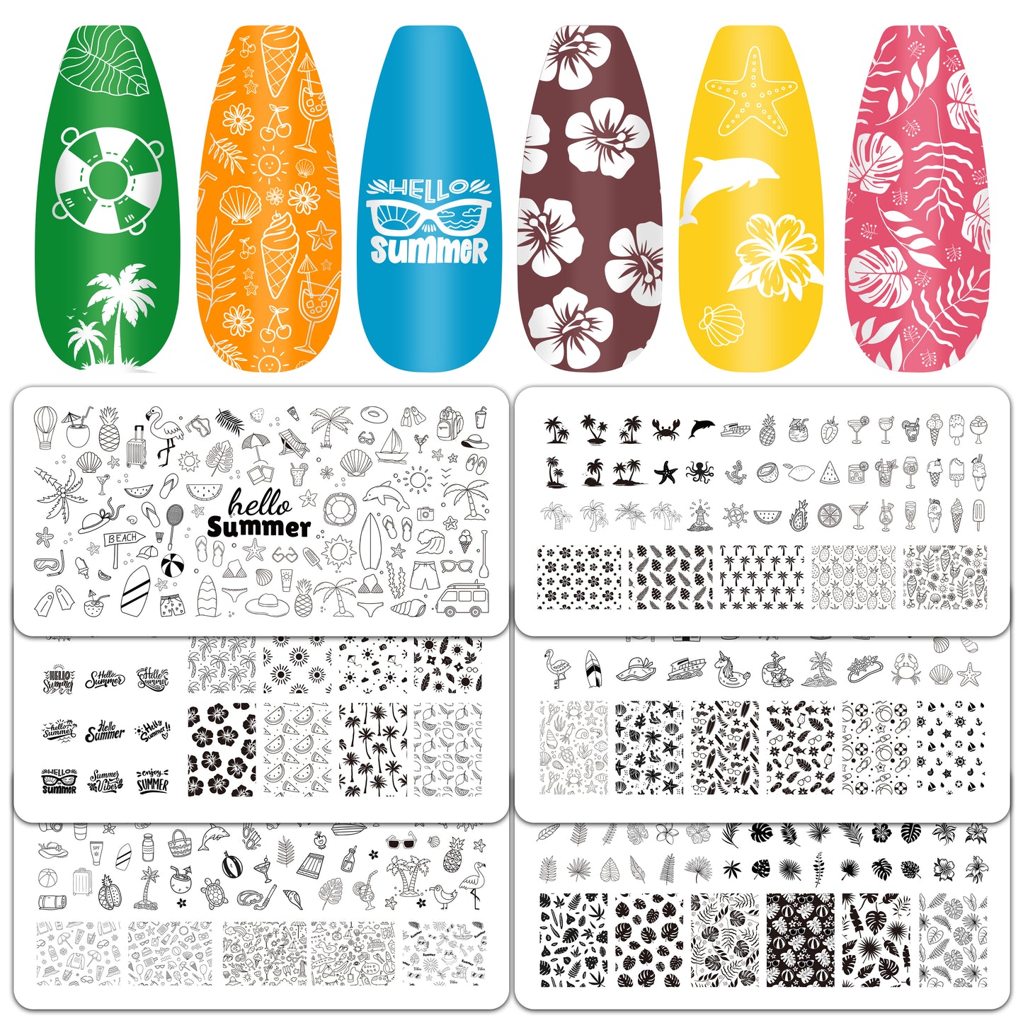 Y1tvei Hello Summer Nail Stamping Plates - 6Pcs Fruit Cocktails Leaves Sun Beach Theme Finger Art Kit, Stainless Steel Nail Polish Template Printer Decoration DIY Manicure Salon Design Gift Supplies
