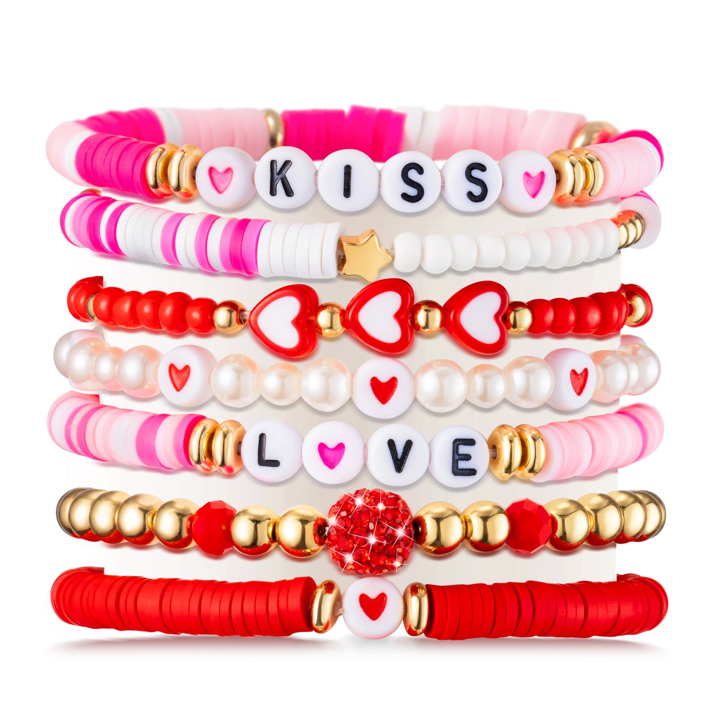 Y1tvei Valentine's Day Bracelet for Women - 7Pcs Pink Red Clay Bead Surfer Bracelet Set Love Heart Gold Plated Bead Stackable Stretch Bracelet Layering Jewelry Friendship Bracelet Gift for Women Lover
