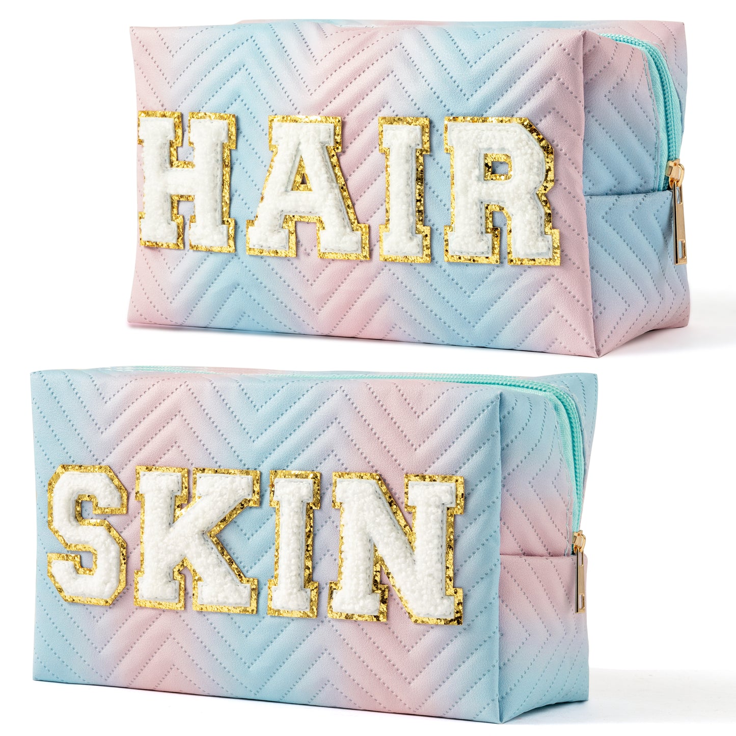 Y1tvei Preppy Patch SKIN HAIR Chenille Letter Blue Pink Gradient Makeup Bag Colorful Leather Waterproof Portable Fantasy Cosmetic Pouch Travel Toiletry Bag Carry On Zipper Organizer Gifts for Women