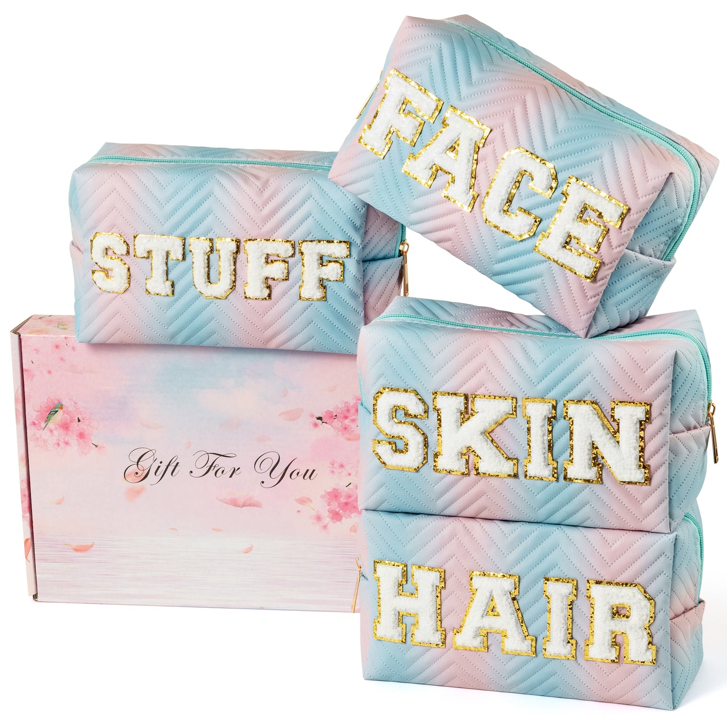 Y1tvei 4Pcs Preppy Patch Hair Skin Face Stuff Blue Pink Gradient Makeup Bag Set Chenille Letter Pouch Cute Patch Fantasy Cosmetic Bag Waterproof Travel Toiletry Bag Carry On Zipper Organizer for Women
