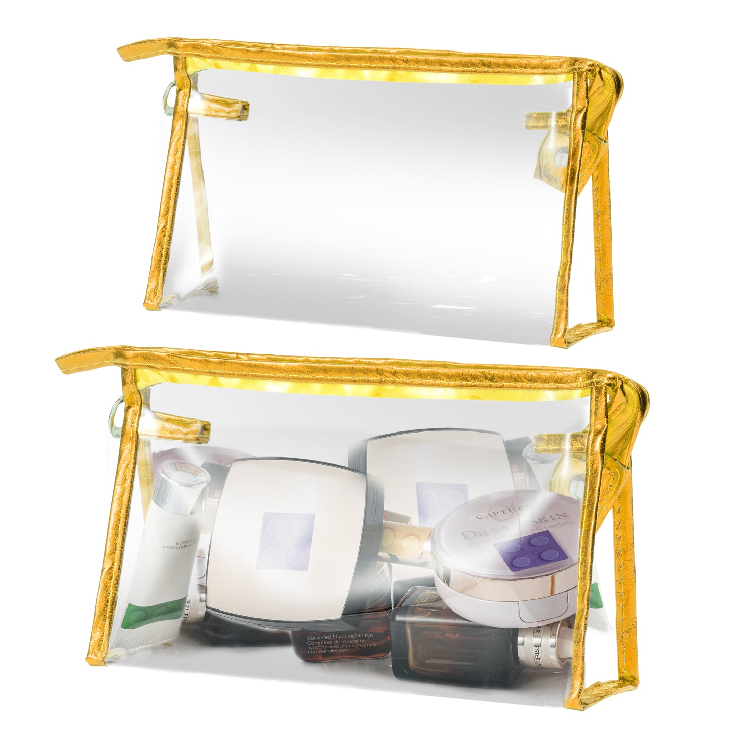 Y1tvei Clear Makeup Bag Set - 2Pcs Preppy Clear Cosmetic Travel Bag TSA Approved Large PVC Transparent Waterproof Plastic Sunscreen Pouch Beach Pool Summer Zipper Toiletry Organizer for Women(Gold)