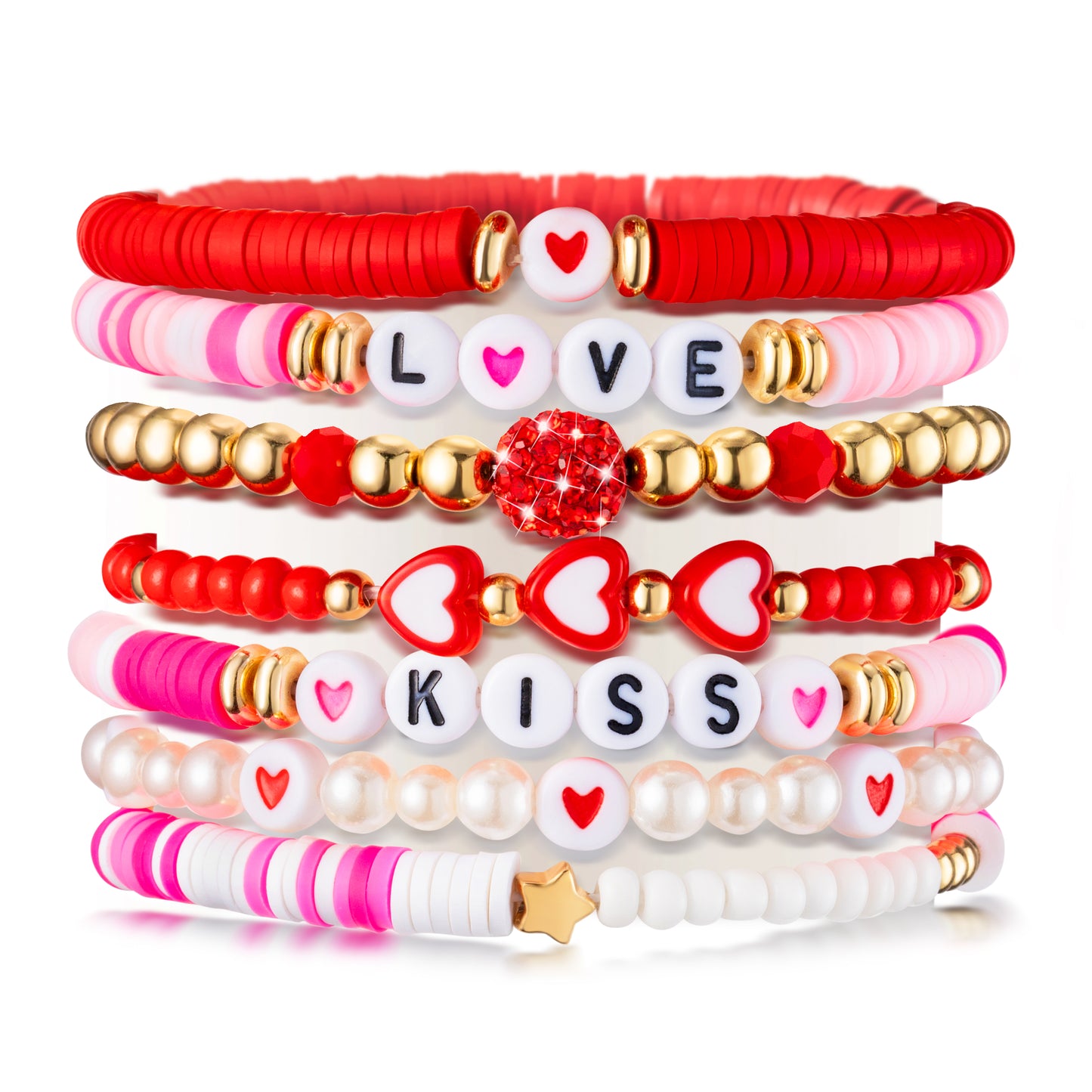 Y1tvei Valentine's Day Bracelet for Women - 7Pcs Pink Red Clay Bead Surfer Bracelet Set Love Heart Gold Plated Bead Stackable Stretch Bracelet Layering Jewelry Friendship Bracelet Gift for Women Lover
