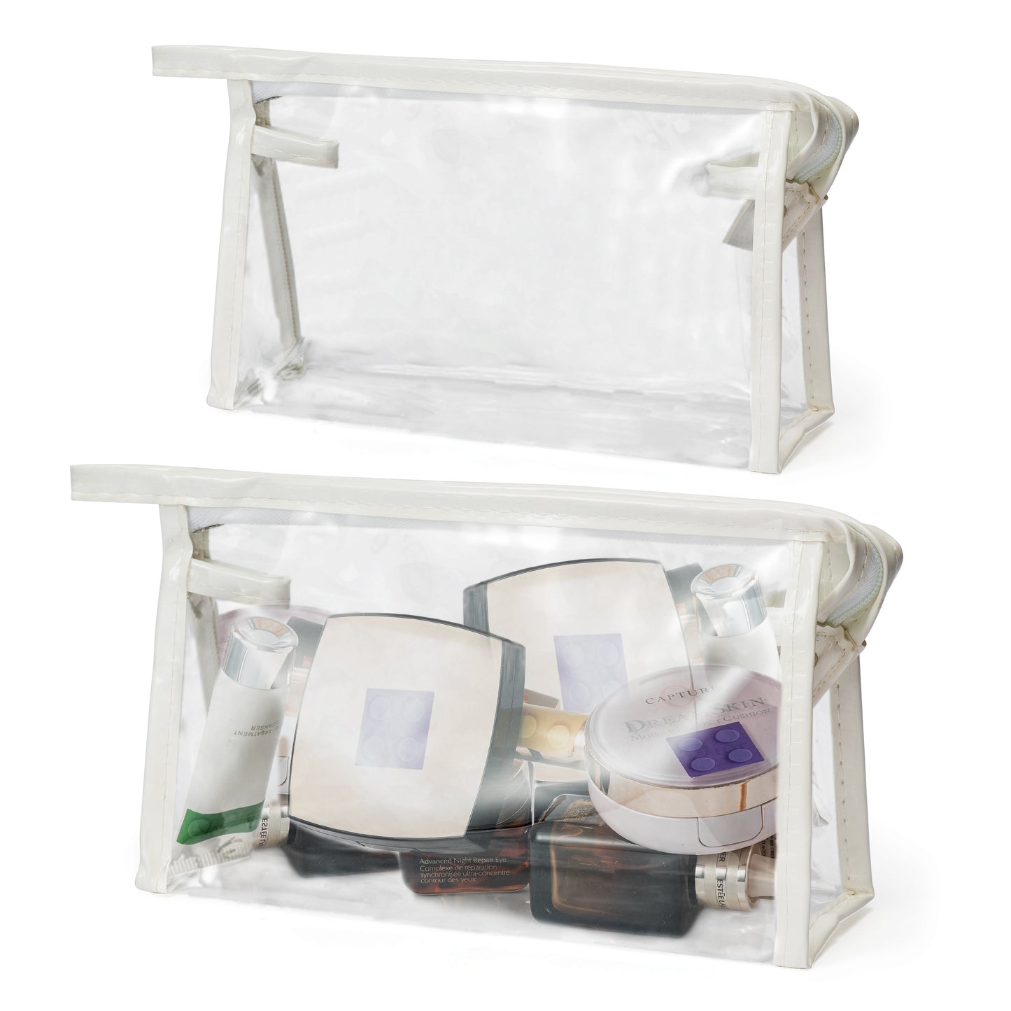 Y1tvei Clear Makeup Bag Set - 2Pcs Preppy Clear Cosmetic Travel Bag TSA Approved Large PVC Transparent Waterproof Plastic Sunscreen Pouch Beach Pool Summer Zipper Toiletry Organizer for Women(White)