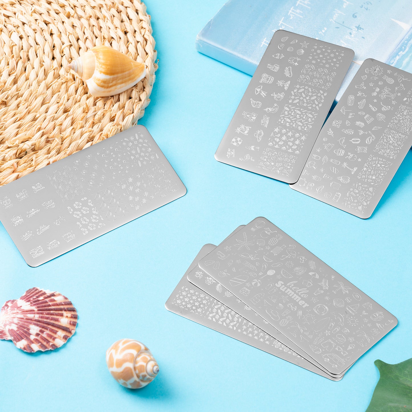 Y1tvei Hello Summer Nail Stamping Plates - 6Pcs Fruit Cocktails Leaves Sun Beach Theme Finger Art Kit, Stainless Steel Nail Polish Template Printer Decoration DIY Manicure Salon Design Gift Supplies