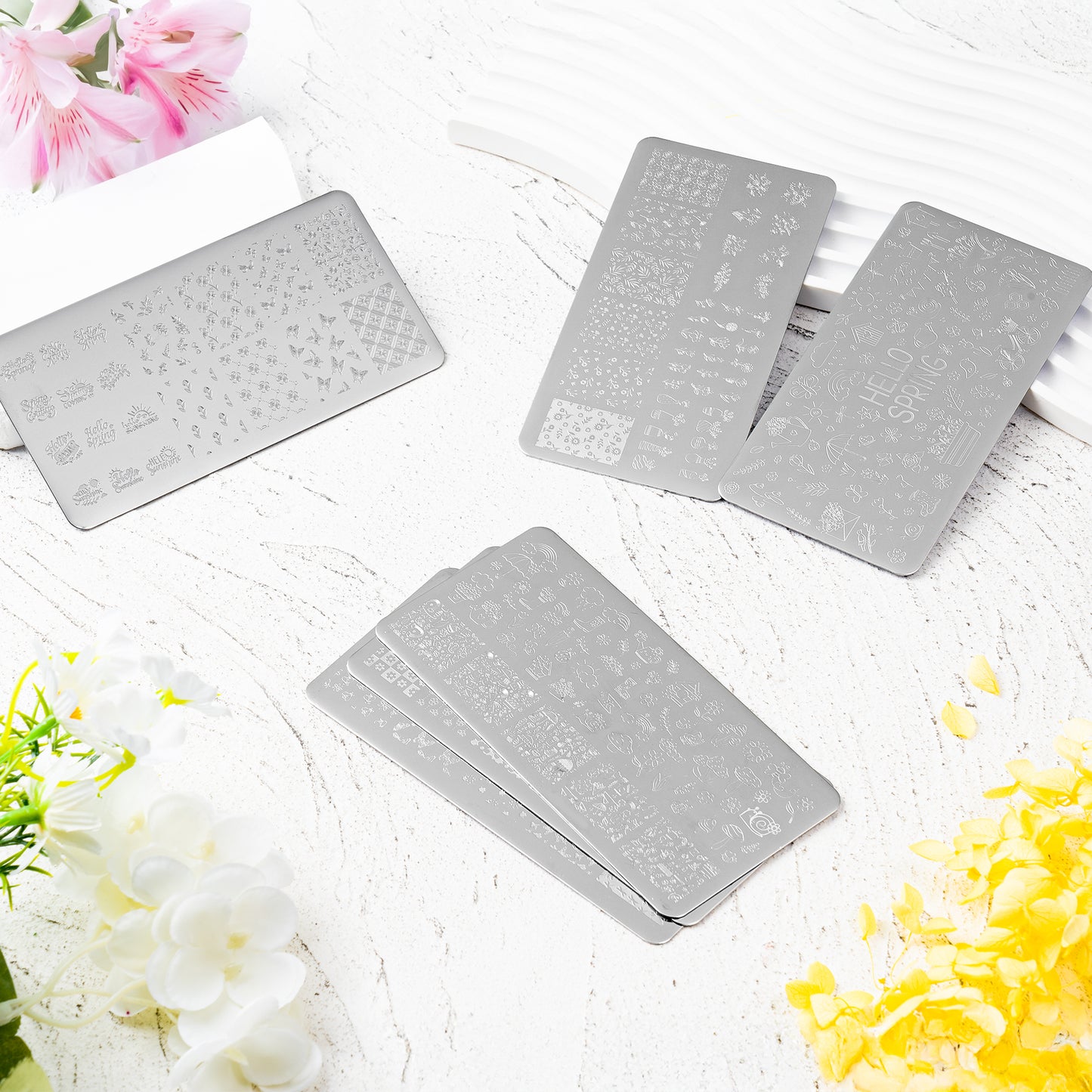 Y1tvei Spring Nail Stamping Plates - 6Pcs Flower Butterfly Hello Spring Theme Nail Art Stamp Plates, Stainless Steel Nail Polish Stamping Templates, Nail Art Printer DIY Manicure Stamp Plate for Women