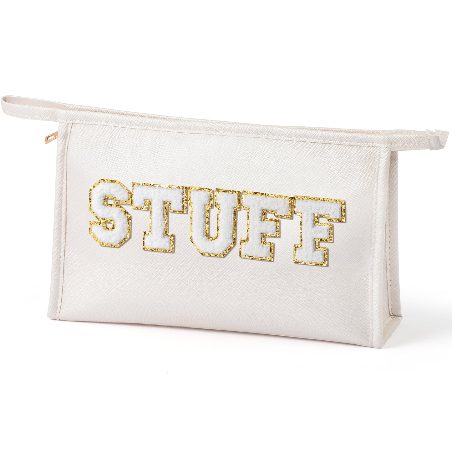 Y1tvei STUFF Zipper Pouch Large - White Preppy Stuff Chenille Letter Pouch for Travel, PU Leather Makeup Bag, Large Waterproof Portable Cosmetic Bags, Flat Pouch Travel Organizer for Women(White)
