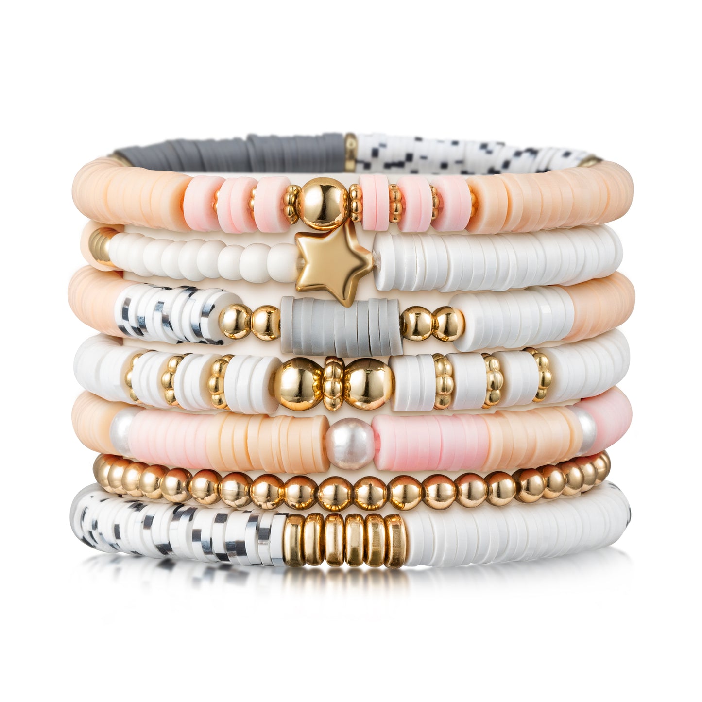 Y1tvei 7Pcs Pink Surfer Heishi Clay Bead Bracelet Set Boho Stackable Gray White Polymer Clay Beaded Layering Stretch Bracelet Gold Plated Bead Jewelry Summer Beach Friendship Bracelet for Women Girls