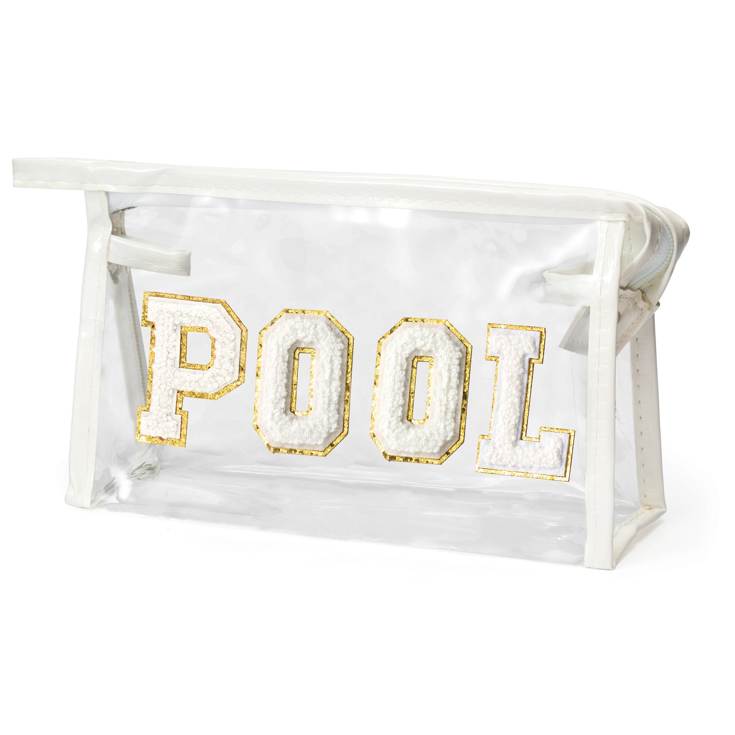 Y1tvei Clear POOL Makeup Bag - Preppy White POOL Chenille Varsity Letter Sunscreen Cosmetic Pouch PVC Transparent Zipper Waterproof Beach Pool Summer Travel Toiletry Organizer for Swimmer Women(White)