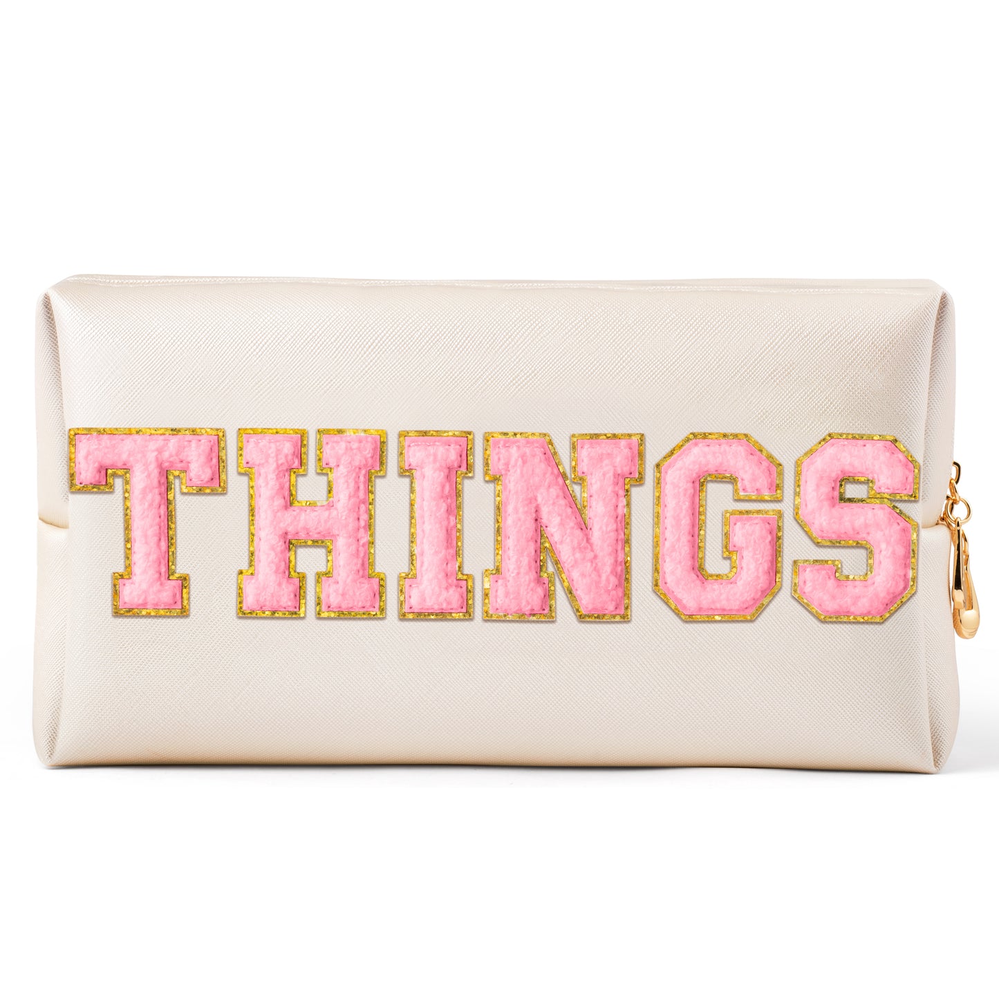Y1tvei Large THINGS Cosmetic Bag - Preppy Pink Things Chenille Varsity Letter Makeup Bag, Leather Waterproof Toiletry Bag Zipper Pouch for Purse Travel Cosmetic Organizer Gift for Women(Shell Gold)