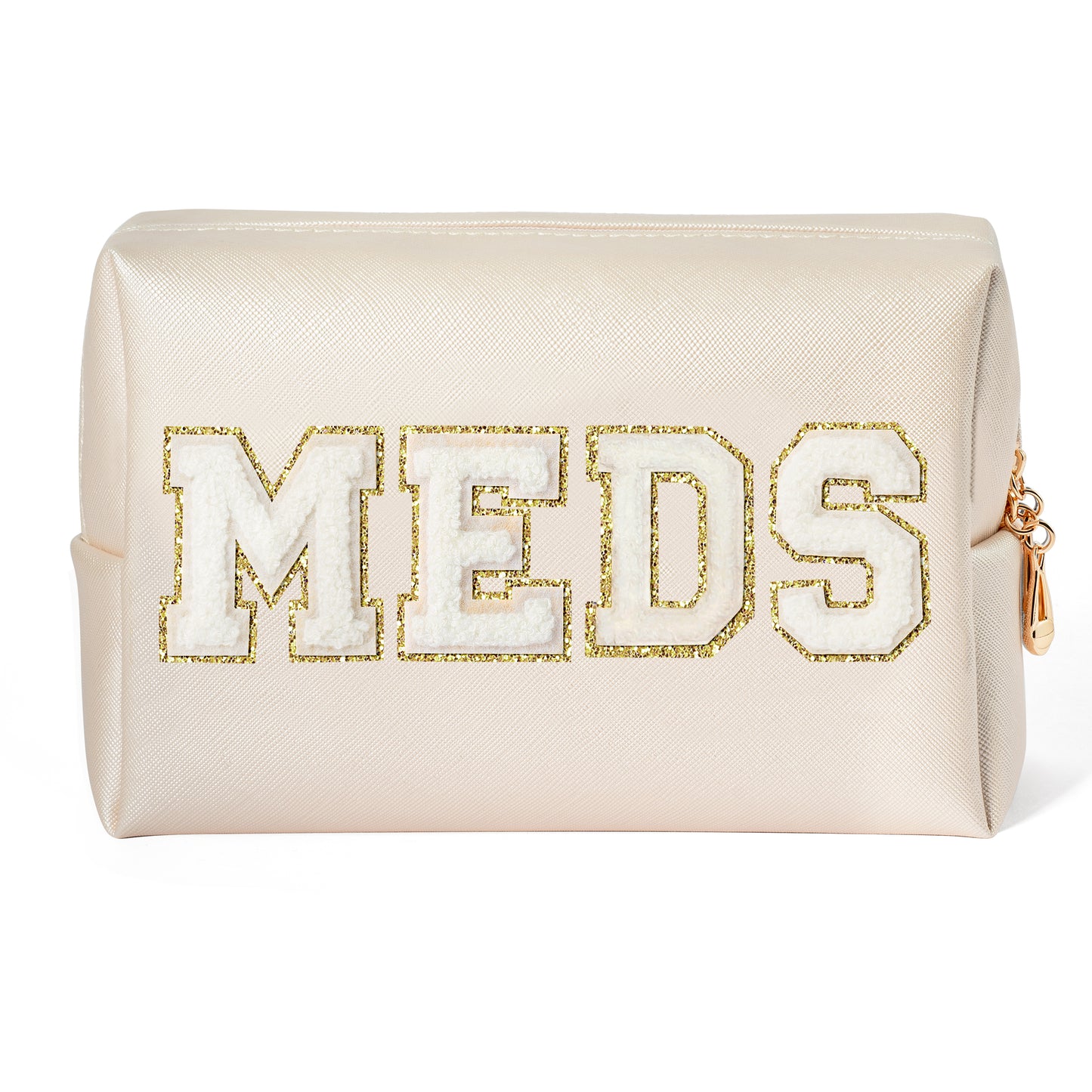 Y1tvei MEDS Letter Patch Bag - Preppy White Meds Chenille Varsity Letter Cosmetic Bag, PU Leather Waterproof Toiletry Bag Small Medicine Pouch for Purse Travel Cosmetic Organizer for Women(Shell Gold)