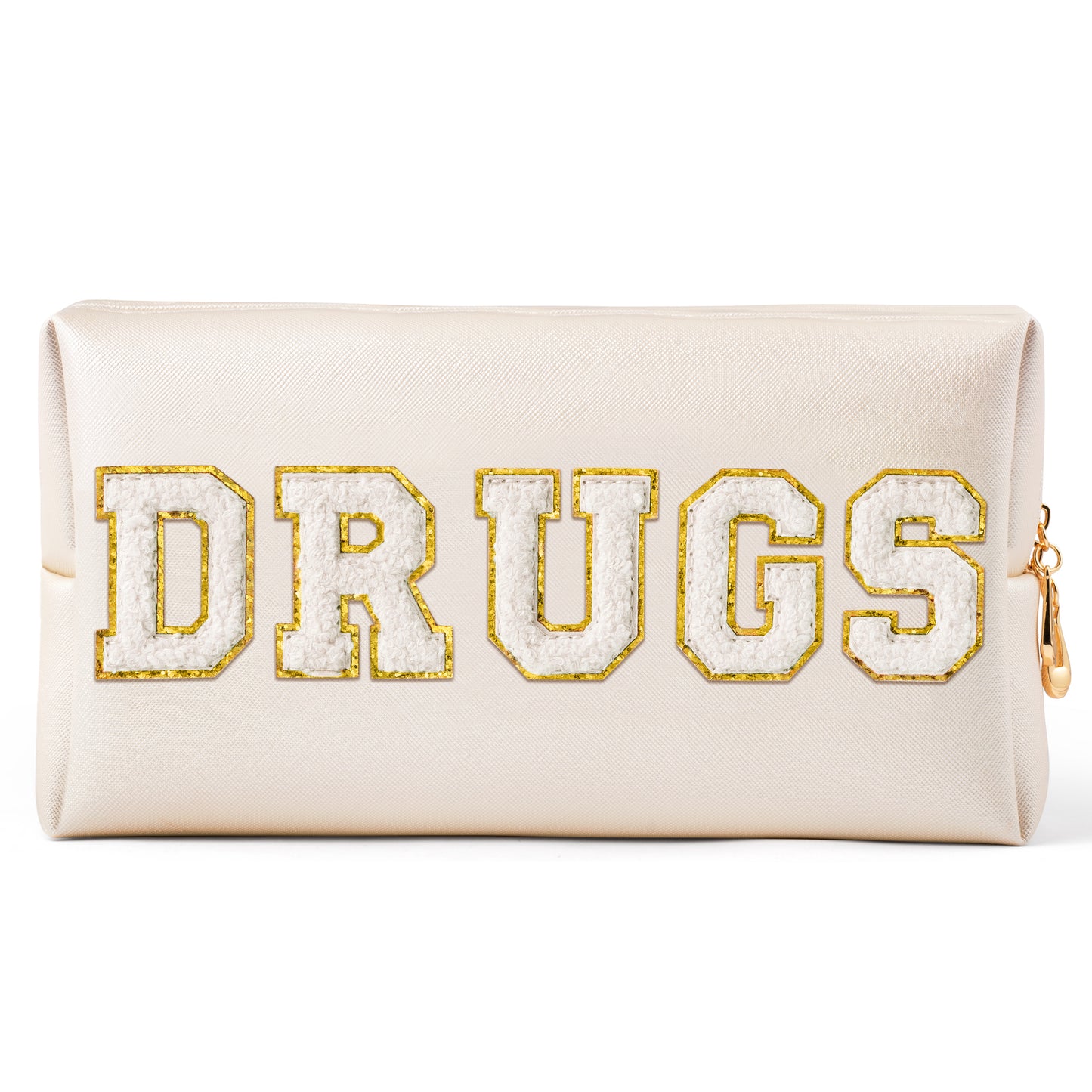 Y1tvei DRUGS Letter Cosmetic Bag - Preppy White Drugs Chenille Varsity Letter Makeup Bag, Leather Waterproof Toiletry Bag Large Medicine Pouch for Purse Travel Cosmetic Organizer for Women(Shell Gold)