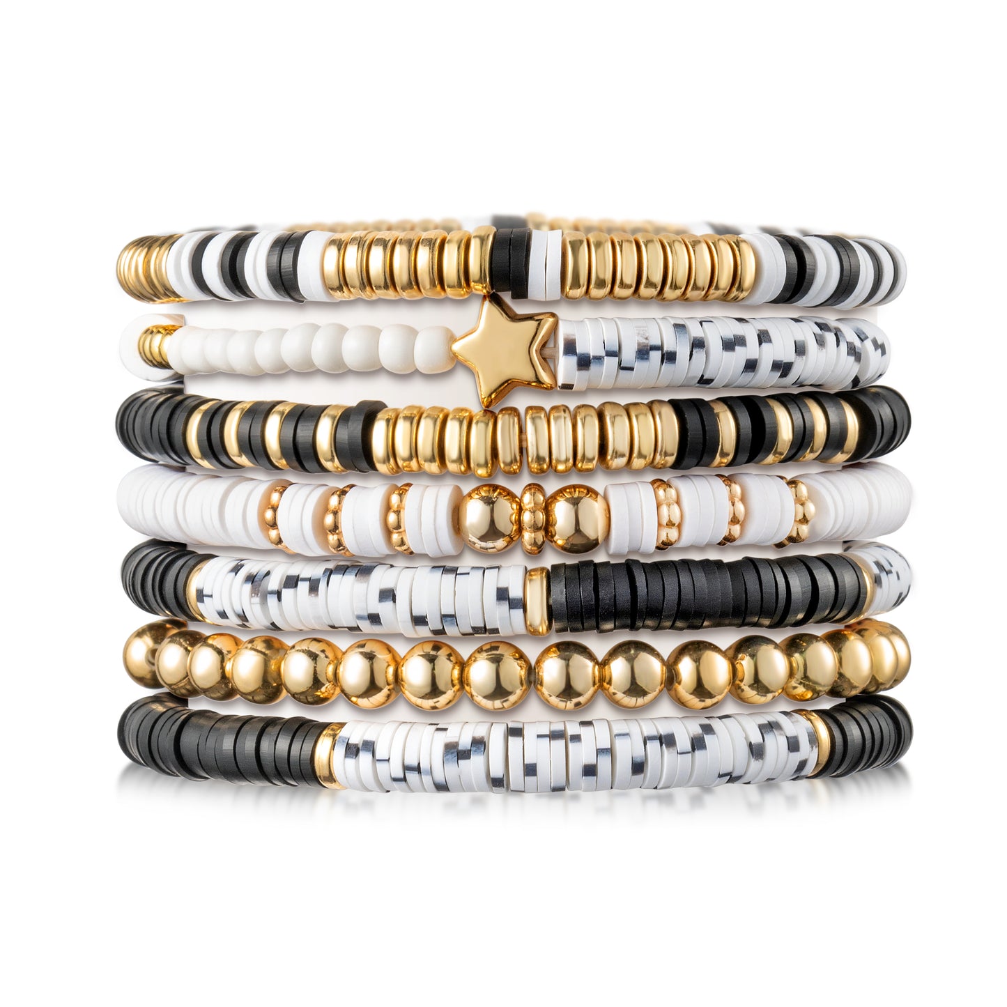 Y1tvei 7Pcs Black White Surfer Heishi Clay Bead Bracelet Set Boho Stackable Polymer Clay Beaded Layering Stretch Bracelet Gold Plated Bead Jewelry Summer Beach Friendship Bracelet for Women Girls