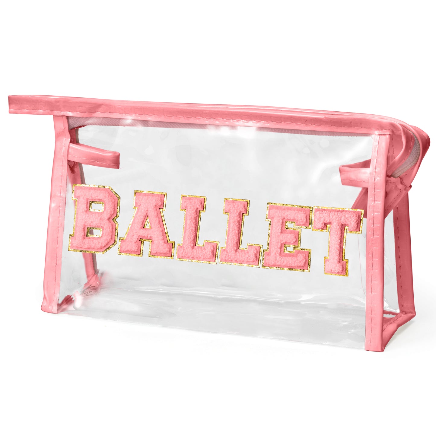 Y1tvei Clear BALLET Makeup Bag - Preppy Pink BALLET Chenille Varsity Letter Patch Cosmetic Bag Large Transparent Waterproof Ballerina Makeup Pouch Dance Recital Travel Toiletry Bag for Dancer(Pink)