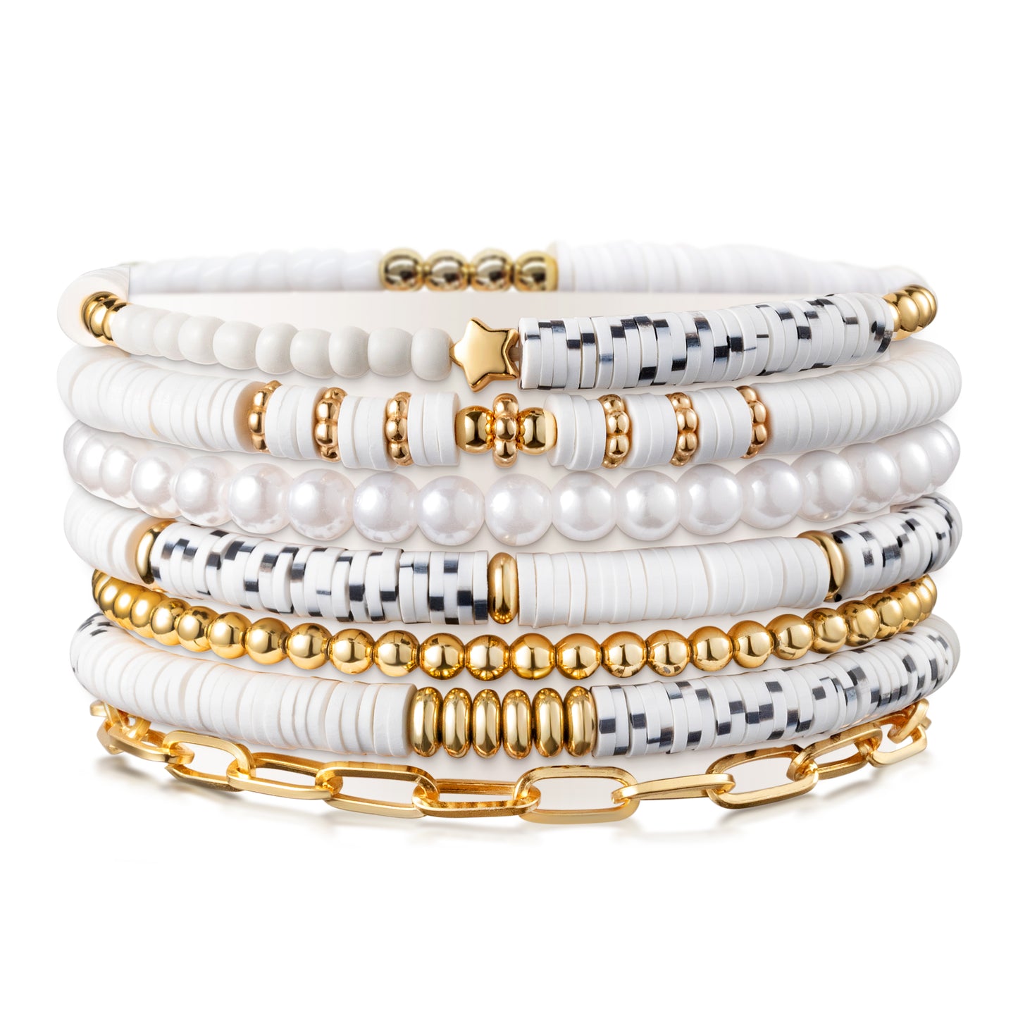 Y1tvei 7Pcs White Surfer Heishi Clay Bead Bracelet Set Boho Stackable Pearl Clay Beaded Layering Stretch Mix Bracelet Gold Plated Bead Jewelry Summer Beach Friendship Charm Bracelet for Women Girls