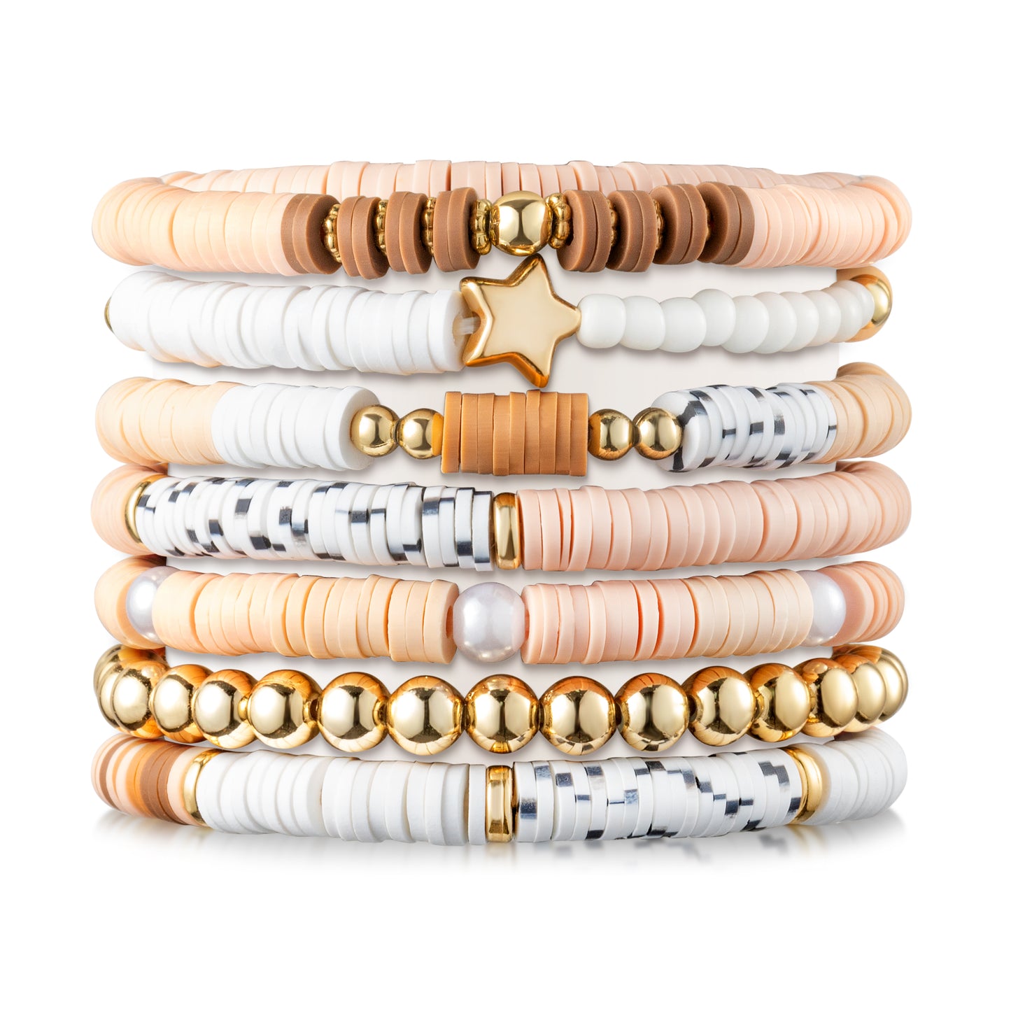 Y1tvei 7Pcs Brown Surfer Heishi Clay Bead Bracelet Set Boho Stackable Pink Polymer Clay Beaded Layering Stretch Charm Bracelet Gold Plated Bead Jewelry Summer Beach Friendship Bracelet for Women Girls