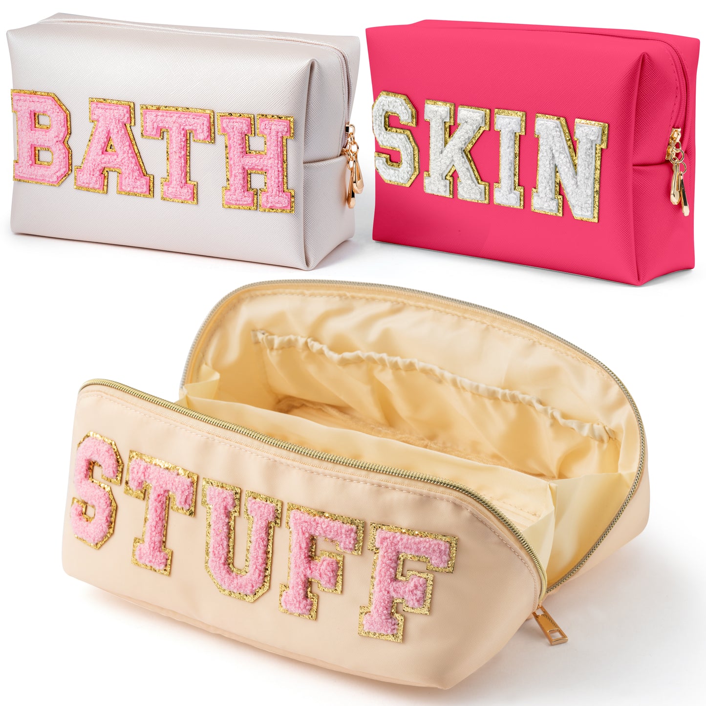 Y1tvei Travel Makeup Bag Gift, Large Capacity Cosmetic Bags, Nylon Stony Clover Makeup Bag Preppy Patch Makeup Bag Pink Stuff Chenille Letter Pouch Skin Bath PU Leather Makeup Bag Preppy Pouch, 3Pcs