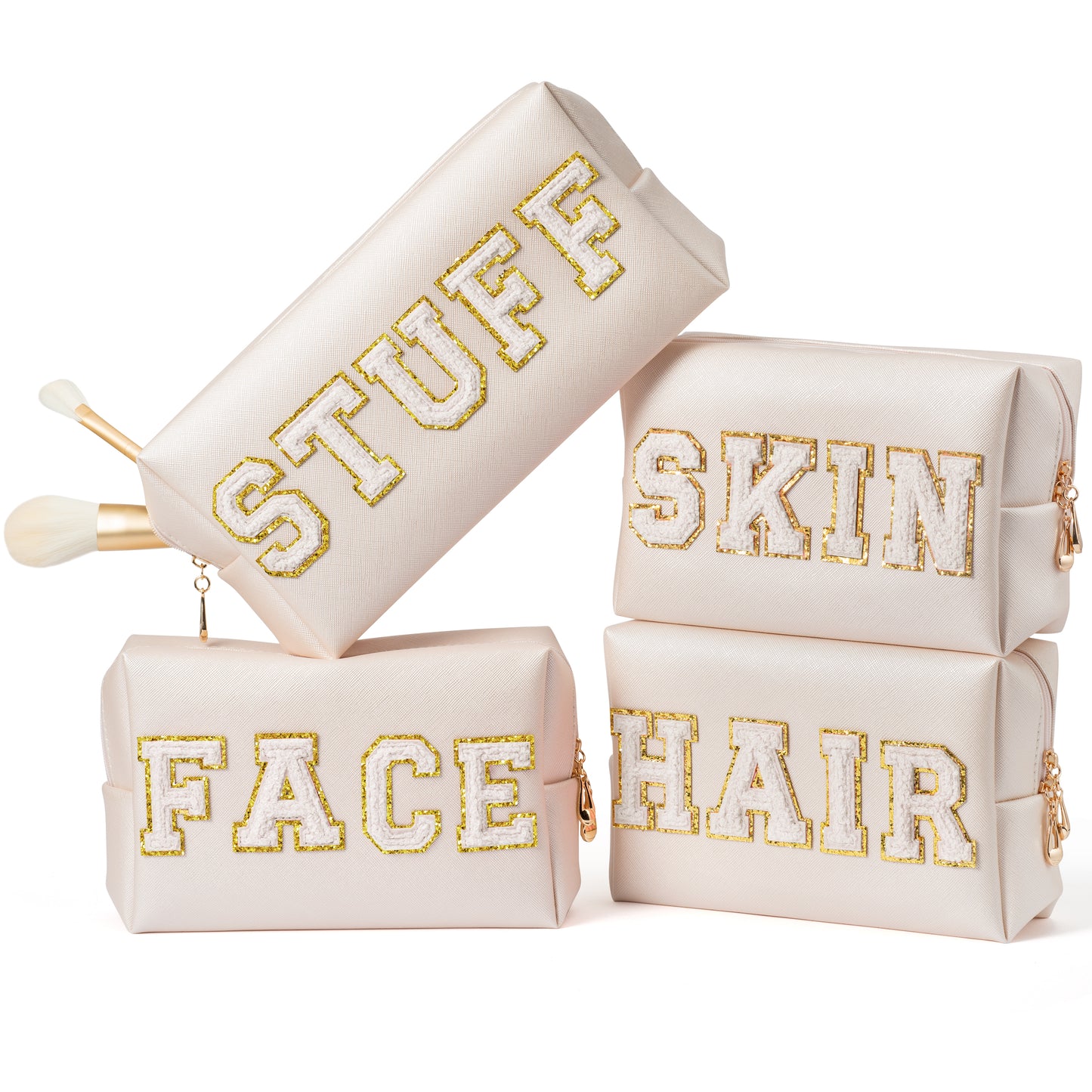 Y1tvei 4Pcs Preppy Patch Varsity Letter Makeup Bag Sewn with White Skin Hair Face Stuff Chenille Letter Cosmetic Toiletry Bag PU Leather Waterproof Portable Zipper Purse Travel Organizer for Women