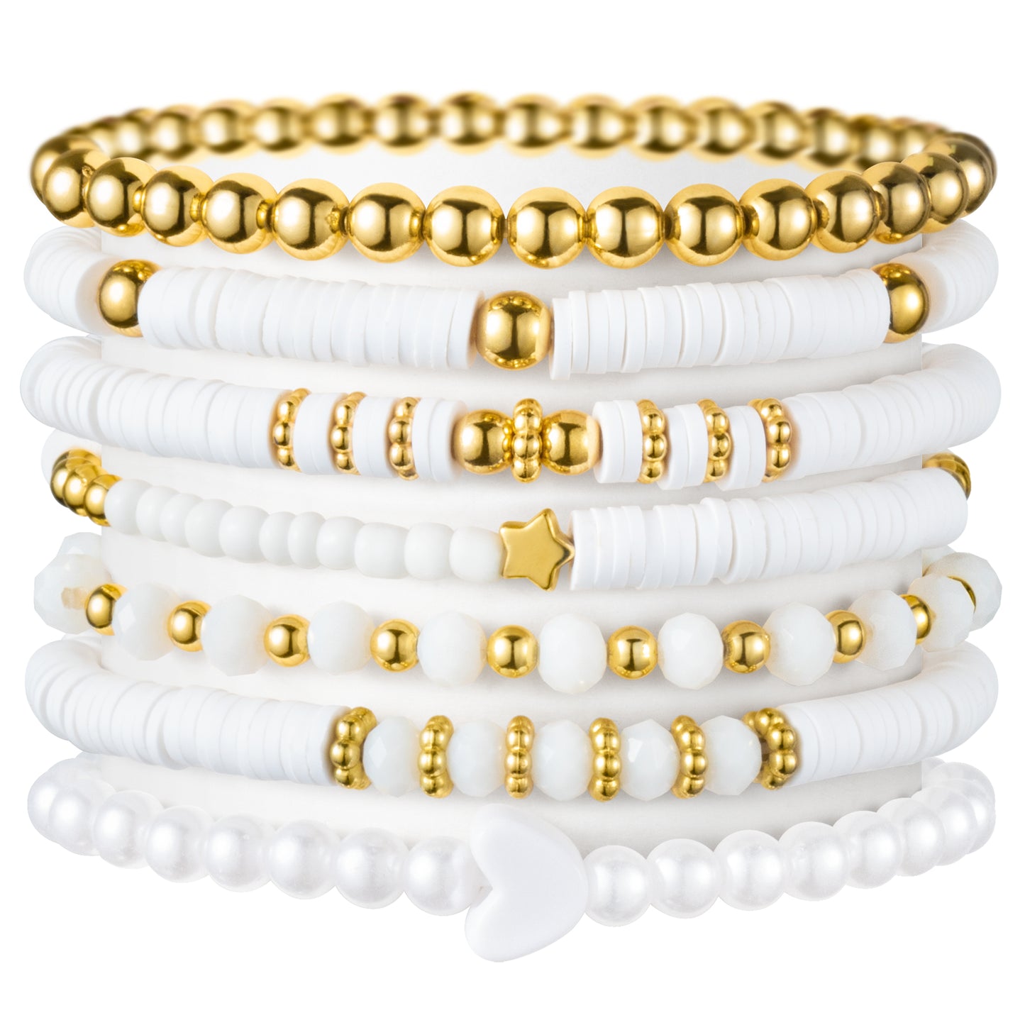 Y1tvei White Clay Bead Bracelets - 7Pcs White Surfer Heishi Clay Bead Bracelet Stackable Gold Plated Bead Stretch Pearl Bracelet Layering Summer Beach Jewelry Friendship Bracelet for Women Teen Girls