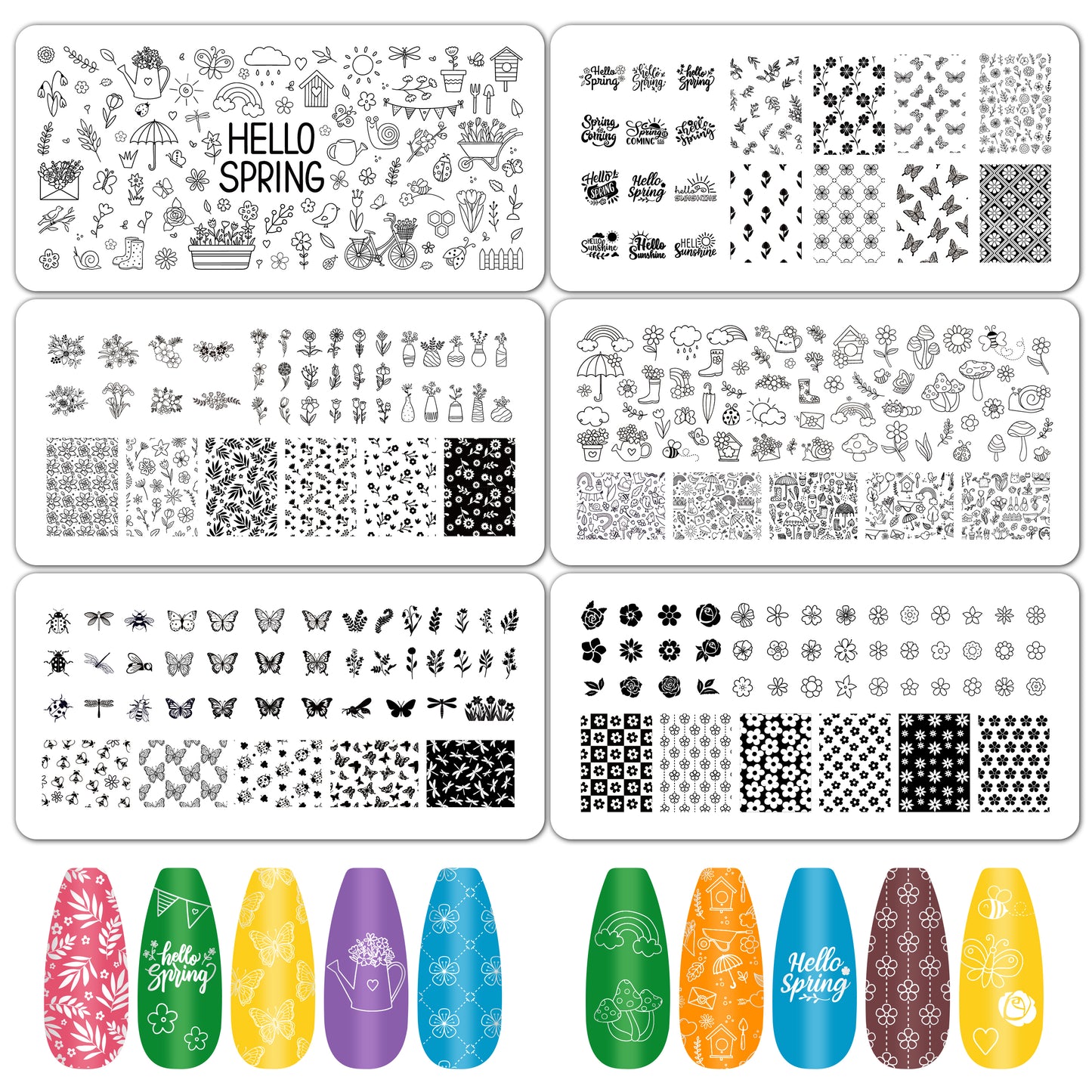 Y1tvei Spring Nail Stamping Plates - 6Pcs Flower Butterfly Hello Spring Theme Nail Art Stamp Plates, Stainless Steel Nail Polish Stamping Templates, Nail Art Printer DIY Manicure Stamp Plate for Women