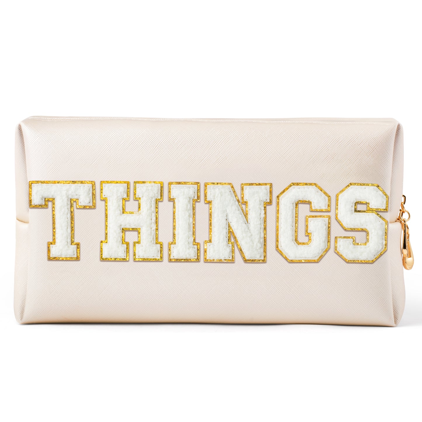 Y1tvei Large THINGS Cosmetic Bag - Preppy White Things Chenille Varsity Letter Makeup Bag, Leather Waterproof Toiletry Bag Zipper Pouch for Purse Travel Cosmetic Organizer Gift for Women(Shell Gold)