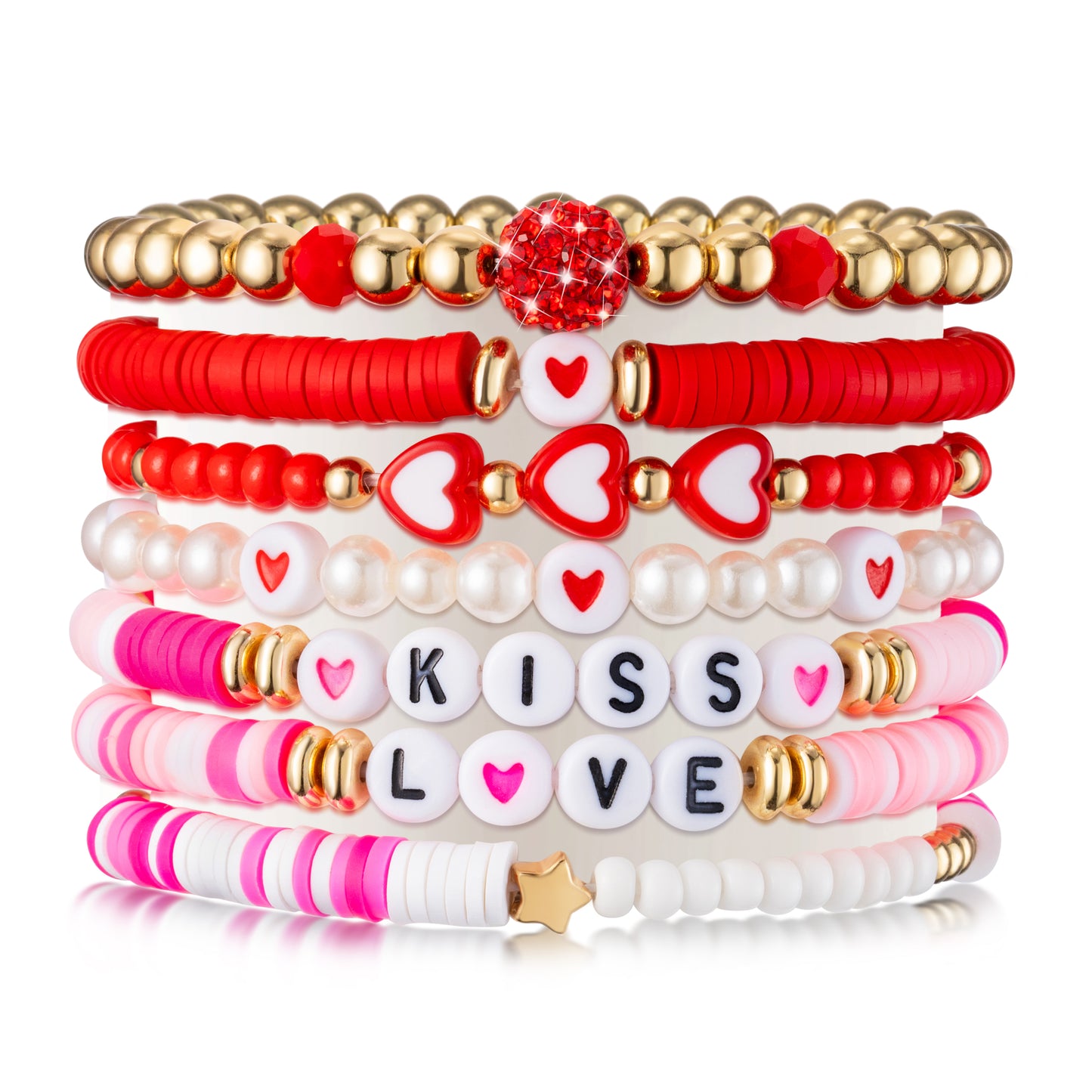 Y1tvei Valentine's Day Bracelet for Women - 7Pcs Pink Red Clay Bead Surfer Bracelet Set Love Heart Gold Plated Bead Stackable Stretch Bracelet Layering Jewelry Friendship Bracelet Gift for Women Lover