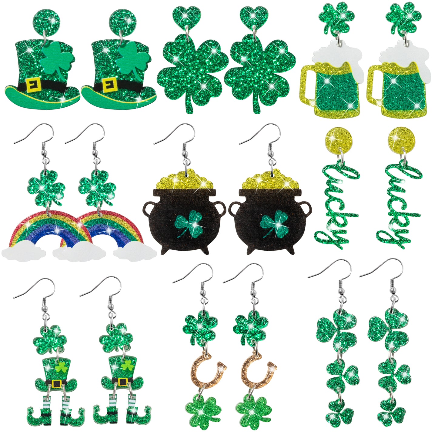 Y1tvei St. Patrick's Day Earrings - 9Pairs Four Leaf Clover Shaped Drop Earrings Green Hat Irish Shamrock Lucky Sparkly Glitter Acrylic Earring Lightweight Cute St Patrick's Accessories Gift for Women