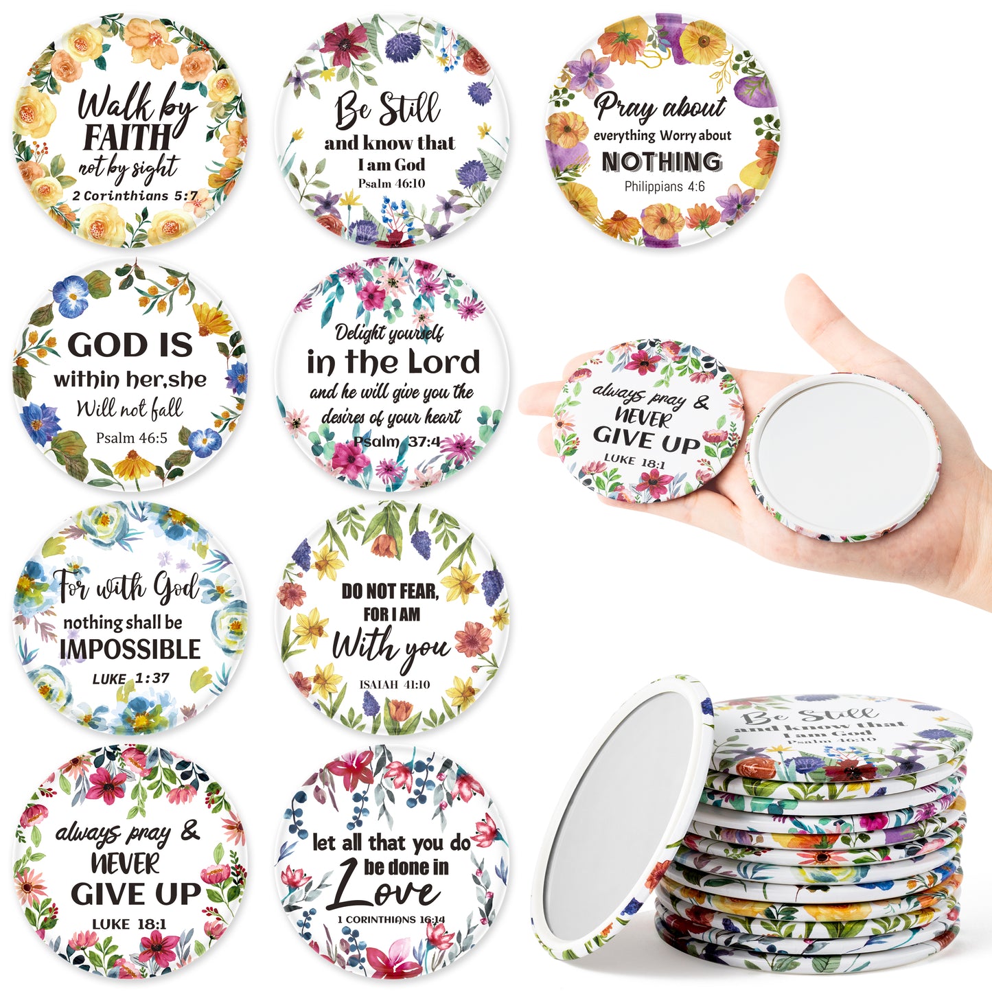 Y1tvei Bible Verse Compact Mirrors - 36Pcs Floral Bible Verse Mini Compact Mirrors Christian Gifts Bulk Inspirational Small Portable Round Pocket Makeup Mirror for Purse Church Party Favors for Women