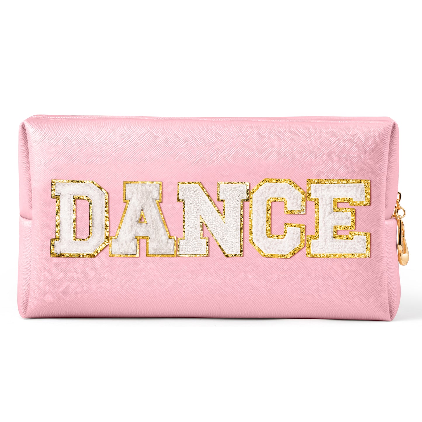 Y1tvei DANCE Large Cosmetic Bag - Preppy Patch DANCE White Chenille Letter Makeup Bag PU Leather Waterproof Portable Dance Letter Toiletry Pouch Travel Organizer Dancer Gift for Women Girl (Pink)