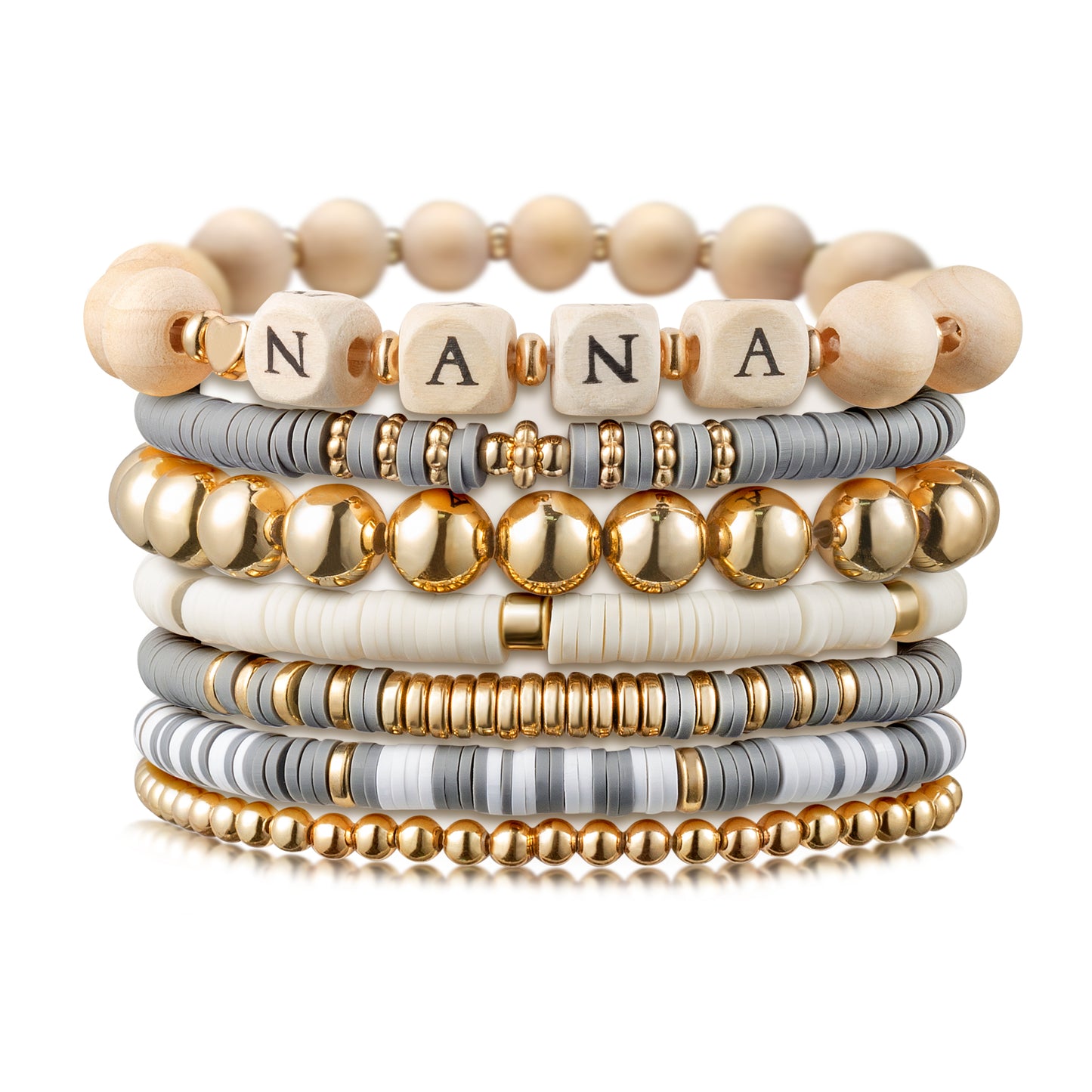 Y1tvei Nana Bracelets for Women - 7Pcs Gray Wooden Nana Bead Stackable Heishi Polymer Clay Beaded Stretch Surfer Bracelet Gold Plated Beads Elastic Layering Bracelet Mother’s Day Gifts from Grandkids