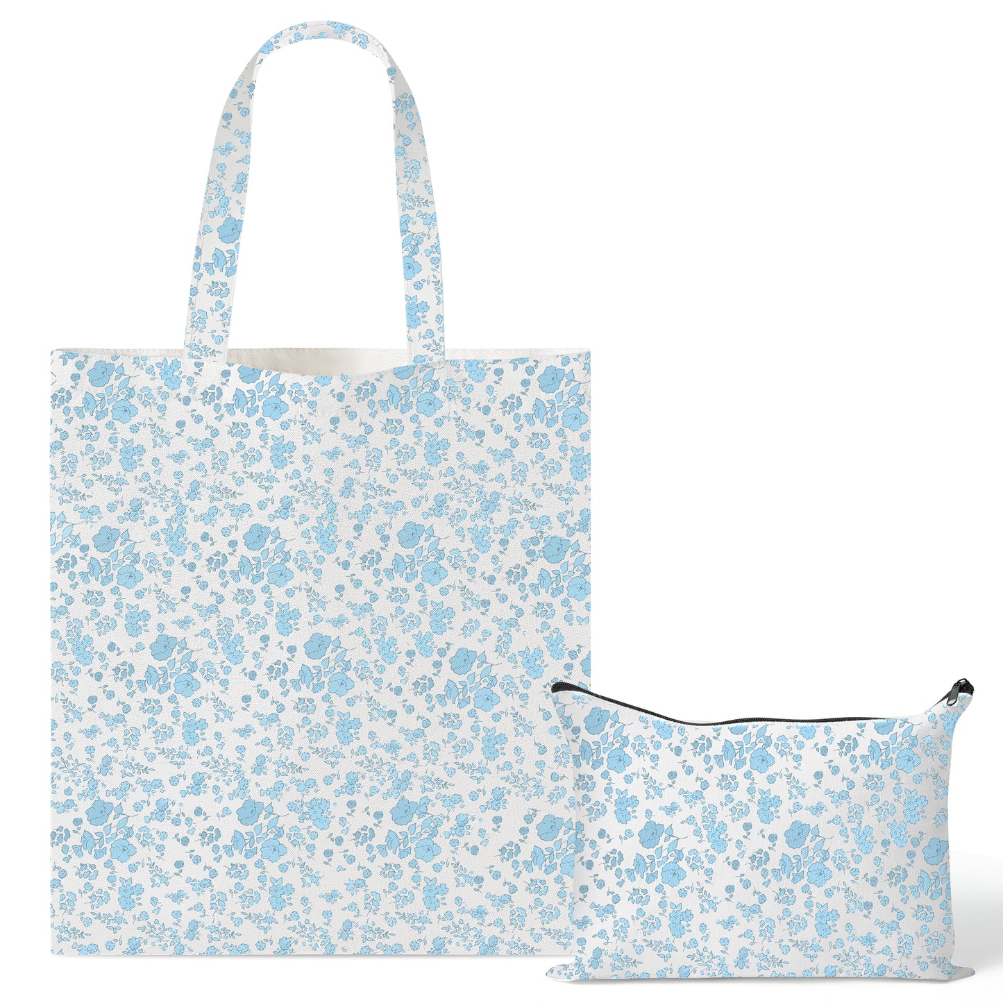 Y1tvei Blue Floral Canvas Bag - 2Pcs Light Blue Floral Canvas Tote Bag Set, Cute Little Flower Makeup Bag, Reusable Grocery Folding Shopping Bag, Coquette Aesthetic Floral Makeup Pouch Gifts for Women