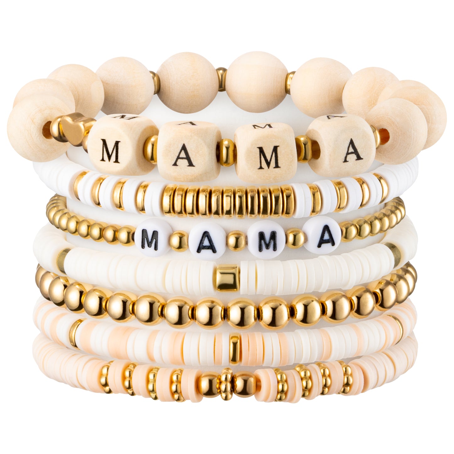 Y1tvei Mama Bracelets for Women - 7Pcs Beige Wooden Stackable Heishi Polymer Clay Beaded Stretch Surfer Bracelet Dainty Gold Plated Beads Elastic Layering Bracelet Mama to Be Mother's Day Gift for Mom