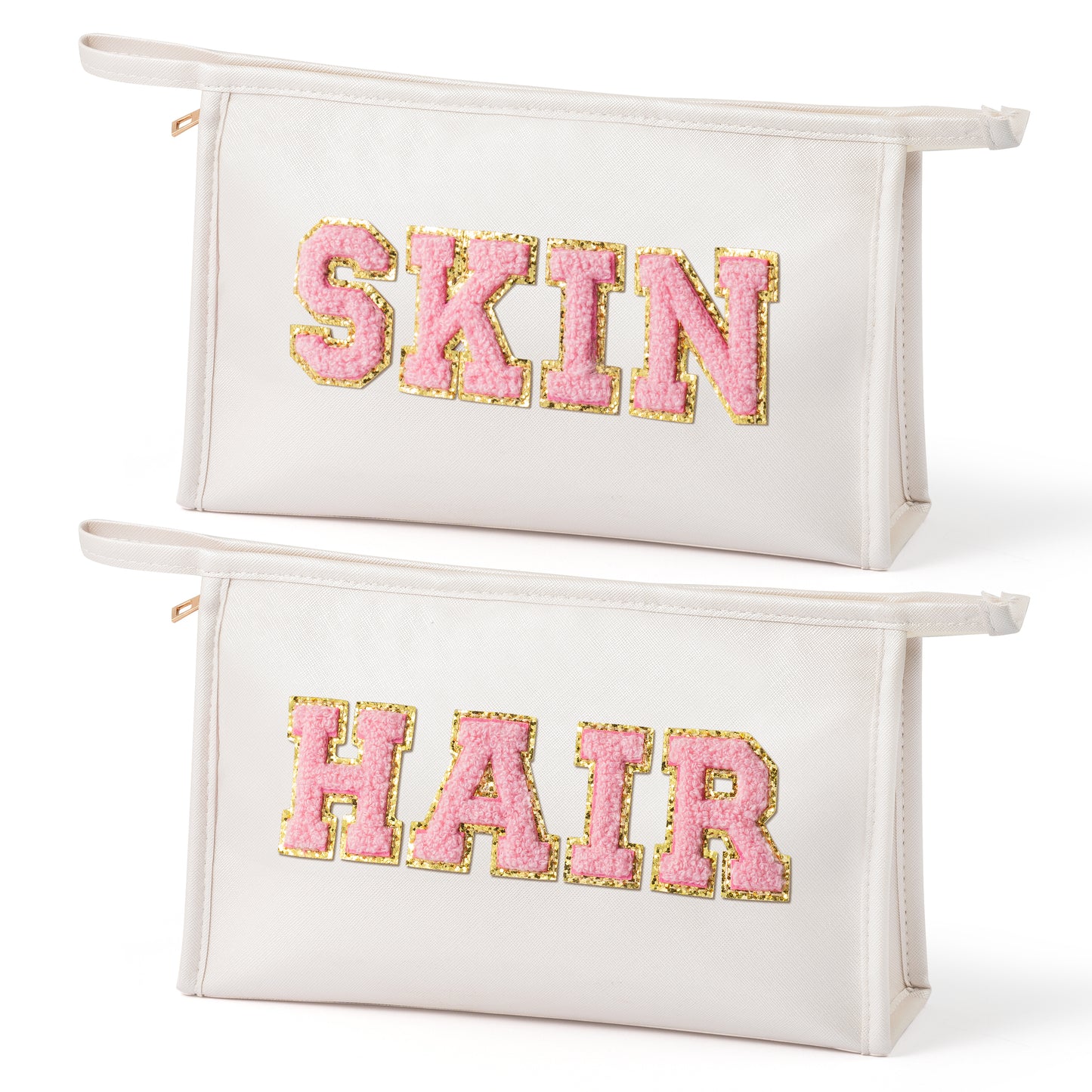 Y1tvei SKIN HAIR Makeup Bag - Pink Preppy Skin Hair Chenille Letter Pouch for Travel, Large Waterproof Portable PU Leather Cosmetic Toiletry Bags, Zipper Flat Pouch Travel Organizer for Women(White)