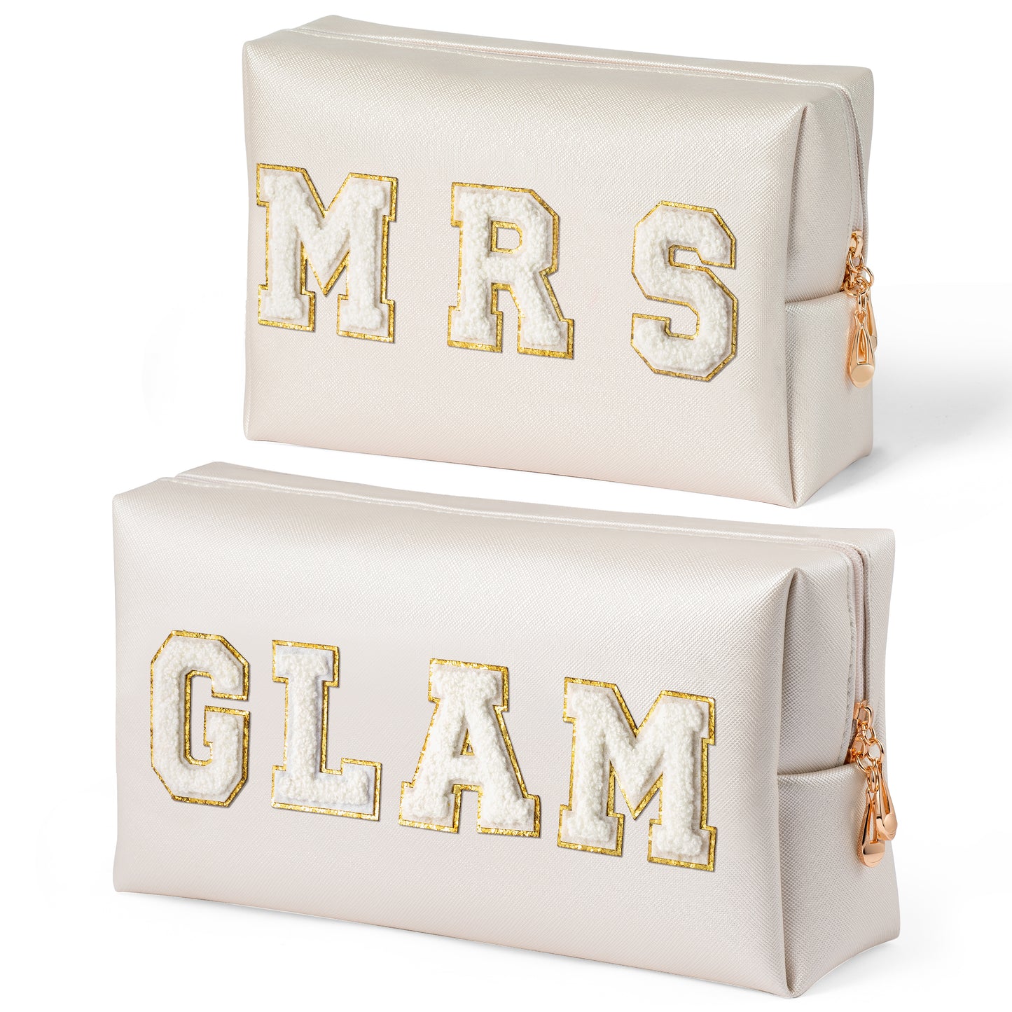 Y1tvei MRS GLAM Makeup Bag - Preppy White Mrs Glam Chenille Varsity Letter Cosmetic Bag Leather Waterproof Toiletry Zipper Pouch for Purse Travel Organizer Wedding Bridal Shower Gift for Bride Women