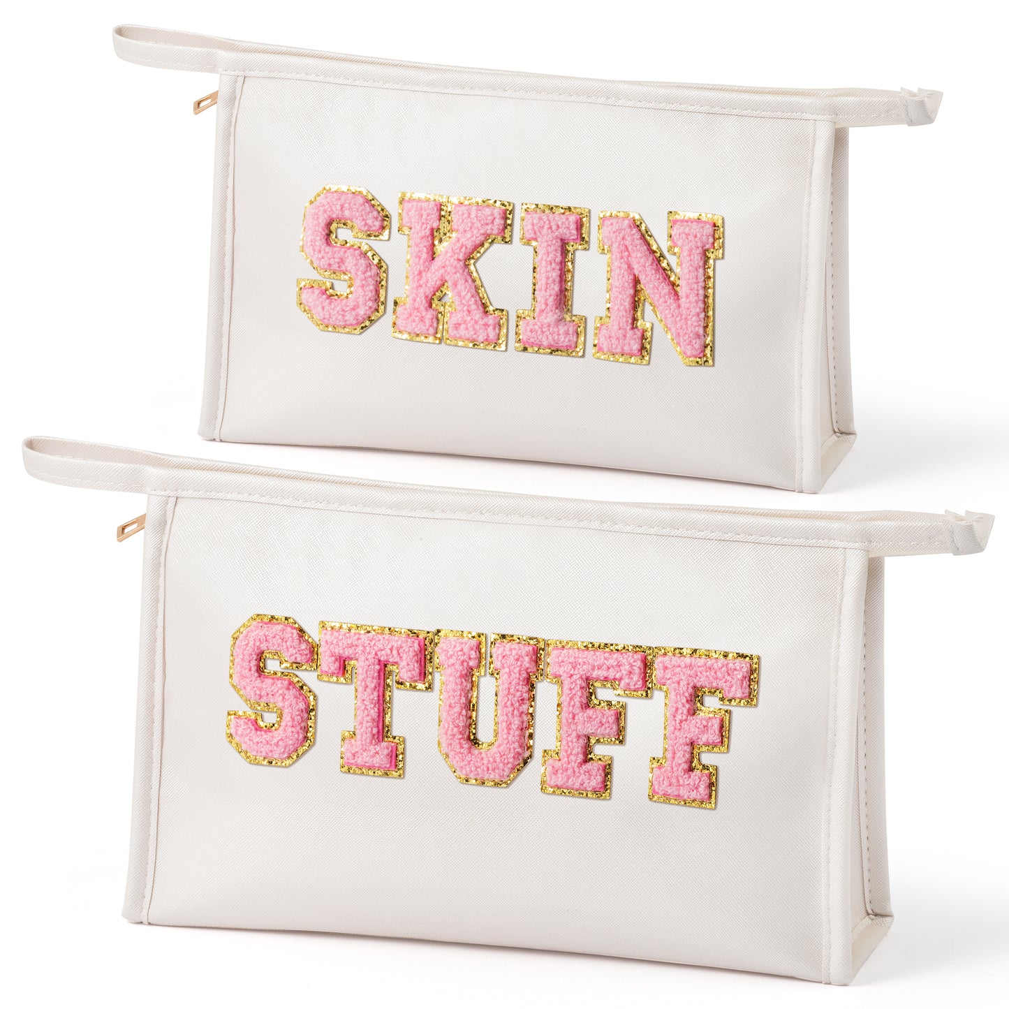 Y1tvei SKIN STUFF Makeup Bag - Pink Preppy Skin Stuff Chenille Letter Pouch for Travel, Large Waterproof Portable PU Leather Cosmetic Toiletry Bags, Zipper Flat Pouch Travel Organizer for Women(White)