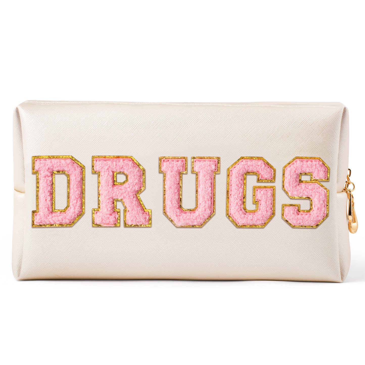Y1tvei DRUGS Letter Cosmetic Bag - Preppy Pink Drugs Chenille Varsity Letter Makeup Bag, Leather Waterproof Toiletry Bag, Large Medicine Pouch for Purse Travel Cosmetic Organizer for Women(Shell Gold)