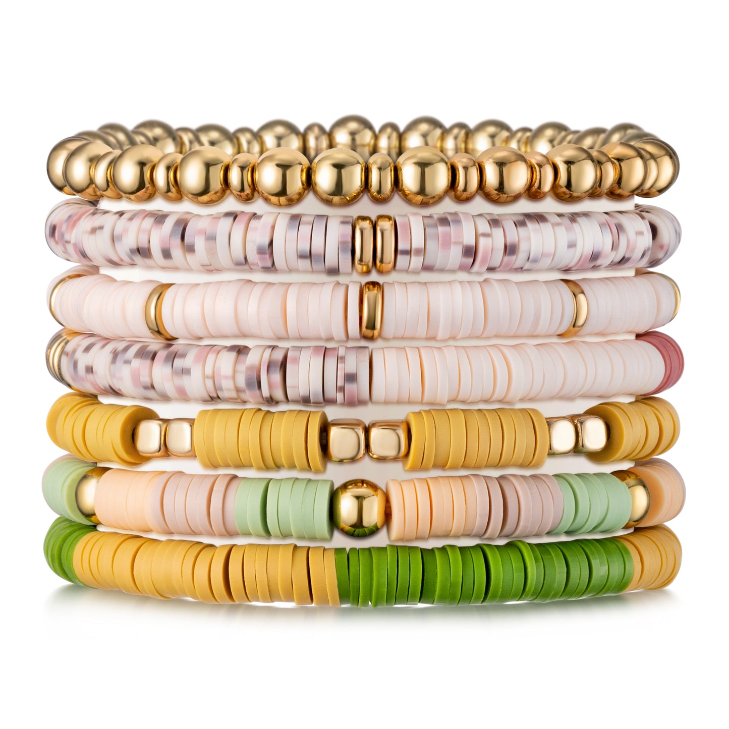 Y1tvei Earth Tone Bead Bracelets - 7Pcs Earth Tone Clay Bead Surfer Bracelet Set Gold Plated Bead Stackable Stretch Bracelet Layering Summer Beach Jewelry Friendship Bracelet Gift for Women Teen Girls