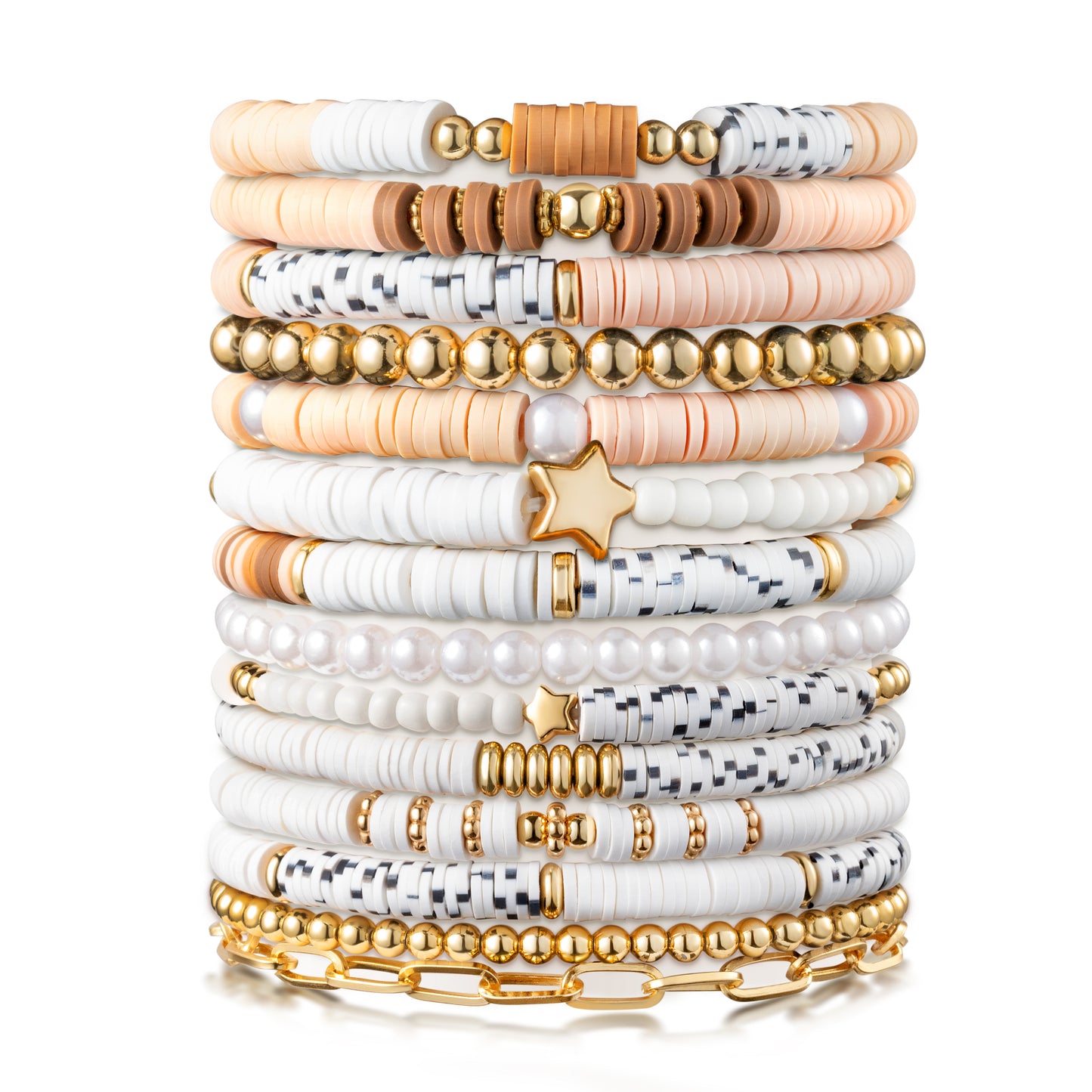 Y1tvei Heishi Surfer Bracelets Set - 14Pcs Brown White Clay Bead Bracelet Boho Stackable Pearl Beaded Layering Stretch Mix Bracelet Gold Plated Bead Summer Beach Jewelry Friendship Bracelet for Women