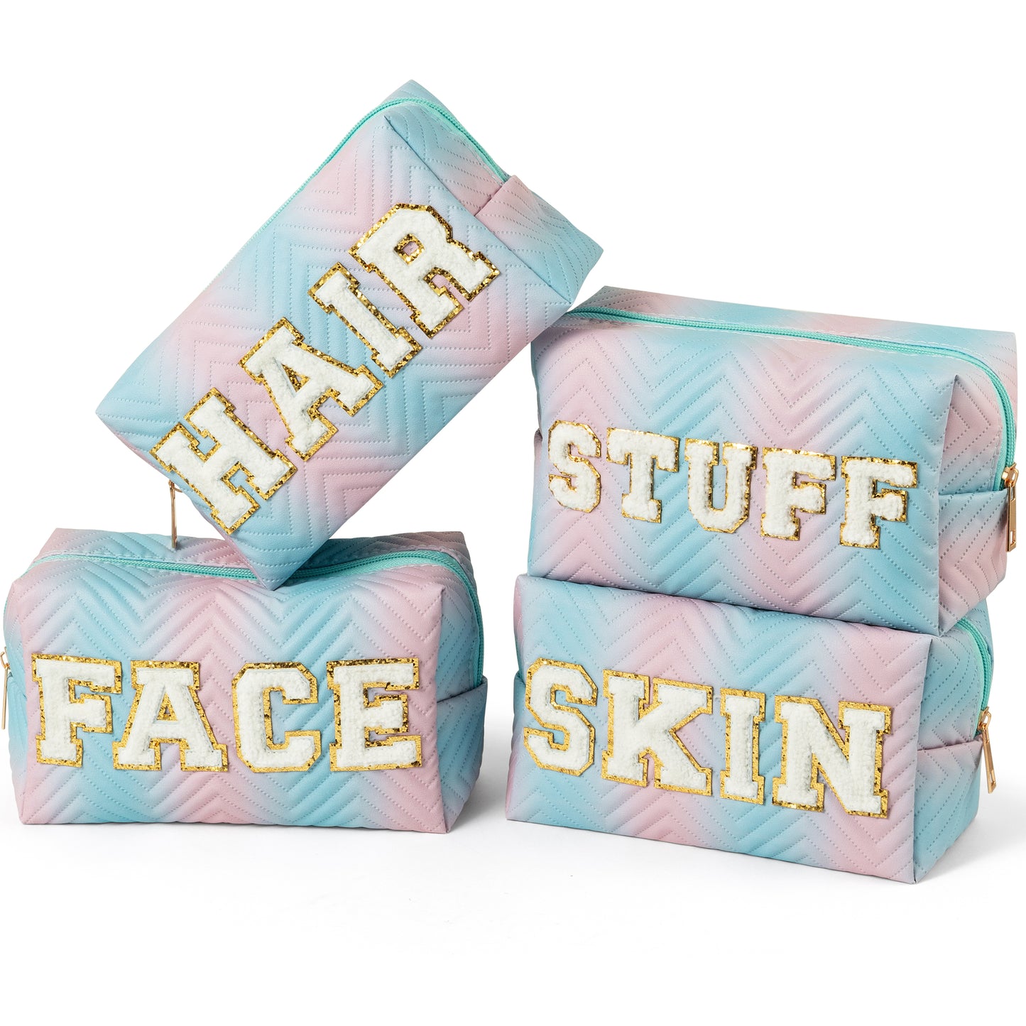 Y1tvei 4Pcs Preppy Patch Hair Skin Face Stuff Blue Pink Gradient Makeup Bag Set Chenille Letter Pouch Cute Patch Fantasy Cosmetic Bag Waterproof Travel Toiletry Bag Carry On Zipper Organizer for Women