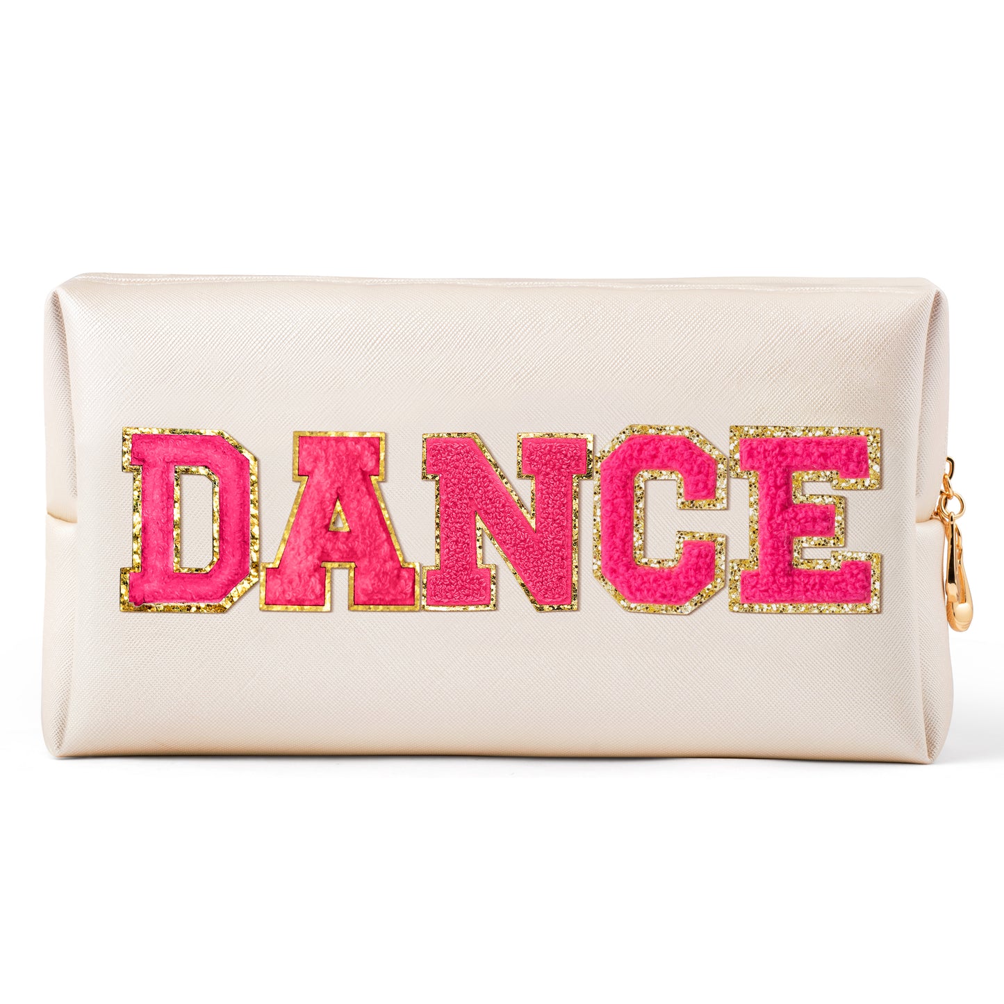 Y1tvei DANCE Large Cosmetic Bag - Preppy Patch DANCE Hot Pink Chenille Letter Makeup Bag PU Leather Waterproof Portable Dance Toiletry Pouch Travel Organizer Dancer Gift for Women Girl (Shell Gold)