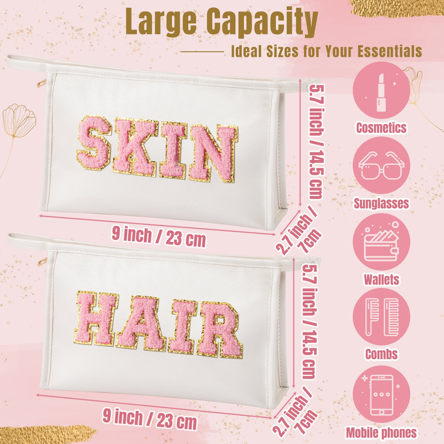Y1tvei SKIN HAIR Makeup Bag - Pink Preppy Skin Hair Chenille Letter Pouch for Travel, Large Waterproof Portable PU Leather Cosmetic Toiletry Bags, Zipper Flat Pouch Travel Organizer for Women(White)
