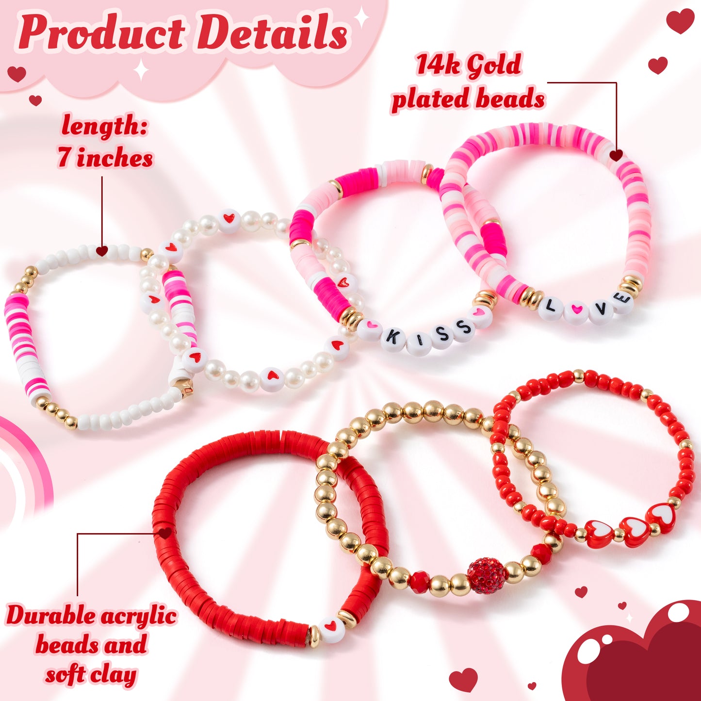 Y1tvei Valentine's Day Bracelet for Women - 7Pcs Pink Red Clay Bead Surfer Bracelet Set Love Heart Gold Plated Bead Stackable Stretch Bracelet Layering Jewelry Friendship Bracelet Gift for Women Lover