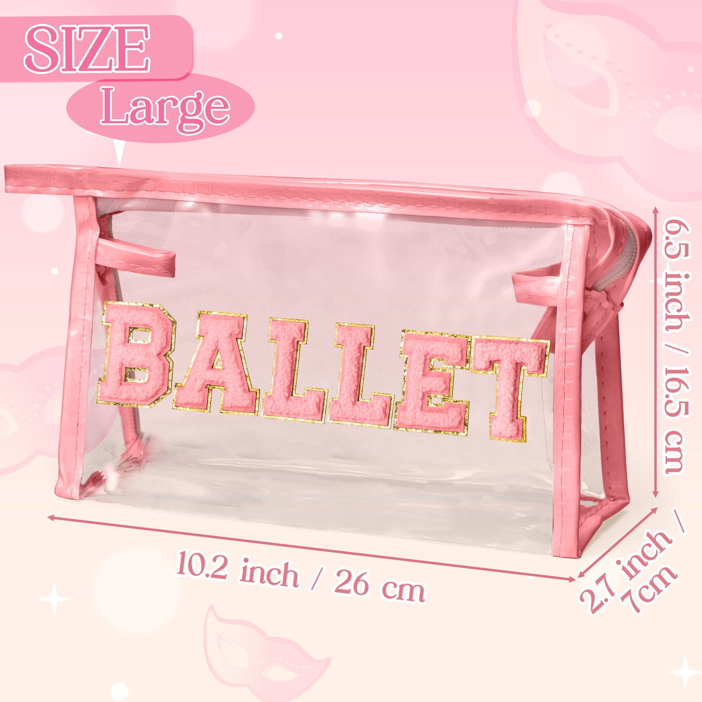 Y1tvei Clear BALLET Makeup Bag - Preppy Pink BALLET Chenille Varsity Letter Patch Cosmetic Bag Large Transparent Waterproof Ballerina Makeup Pouch Dance Recital Travel Toiletry Bag for Dancer(Pink)