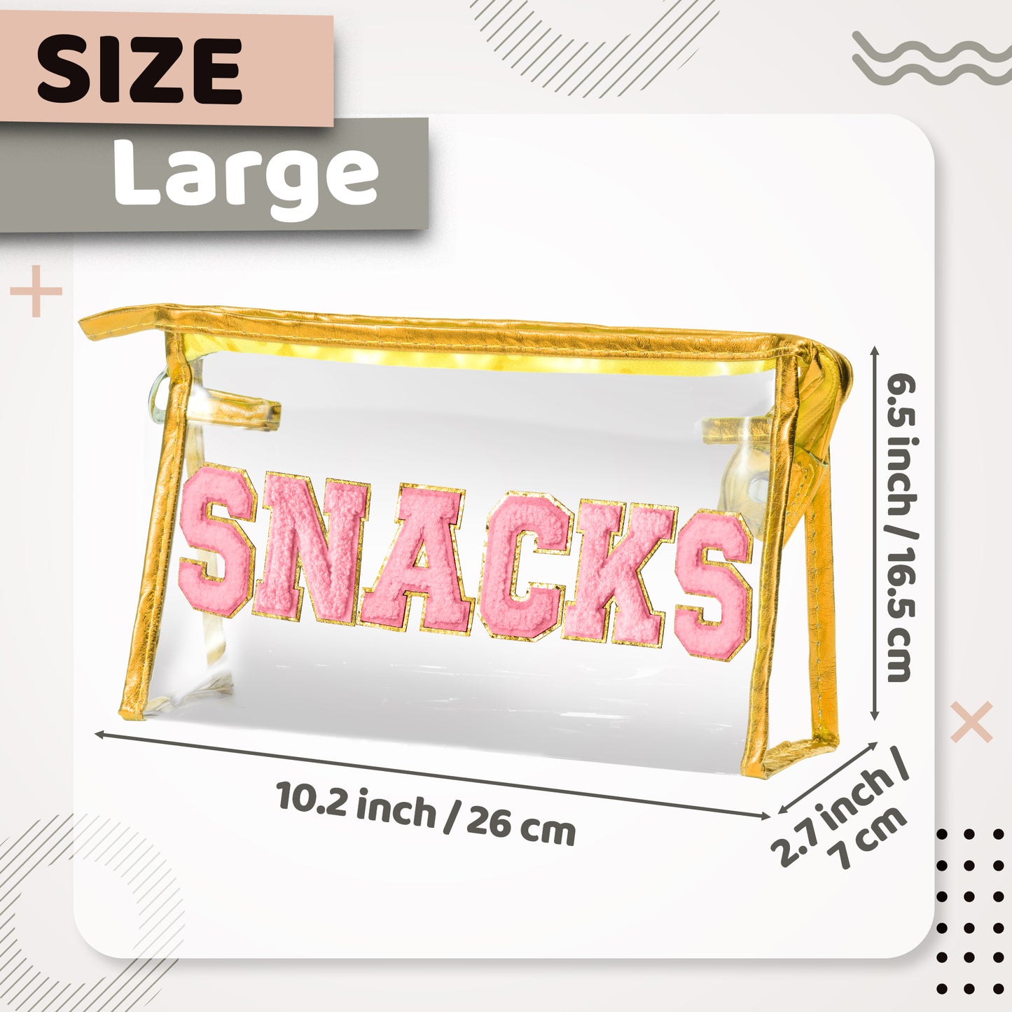 Y1tvei Large Clear SNACKS Pouch - Preppy Patch Pink Chenille Varsity Letter PVC Transparent Extra Large Cosmetic Makeup Bag Portable Waterproof Beach Travel Organizer Toiletry Bag for Women(Gold)