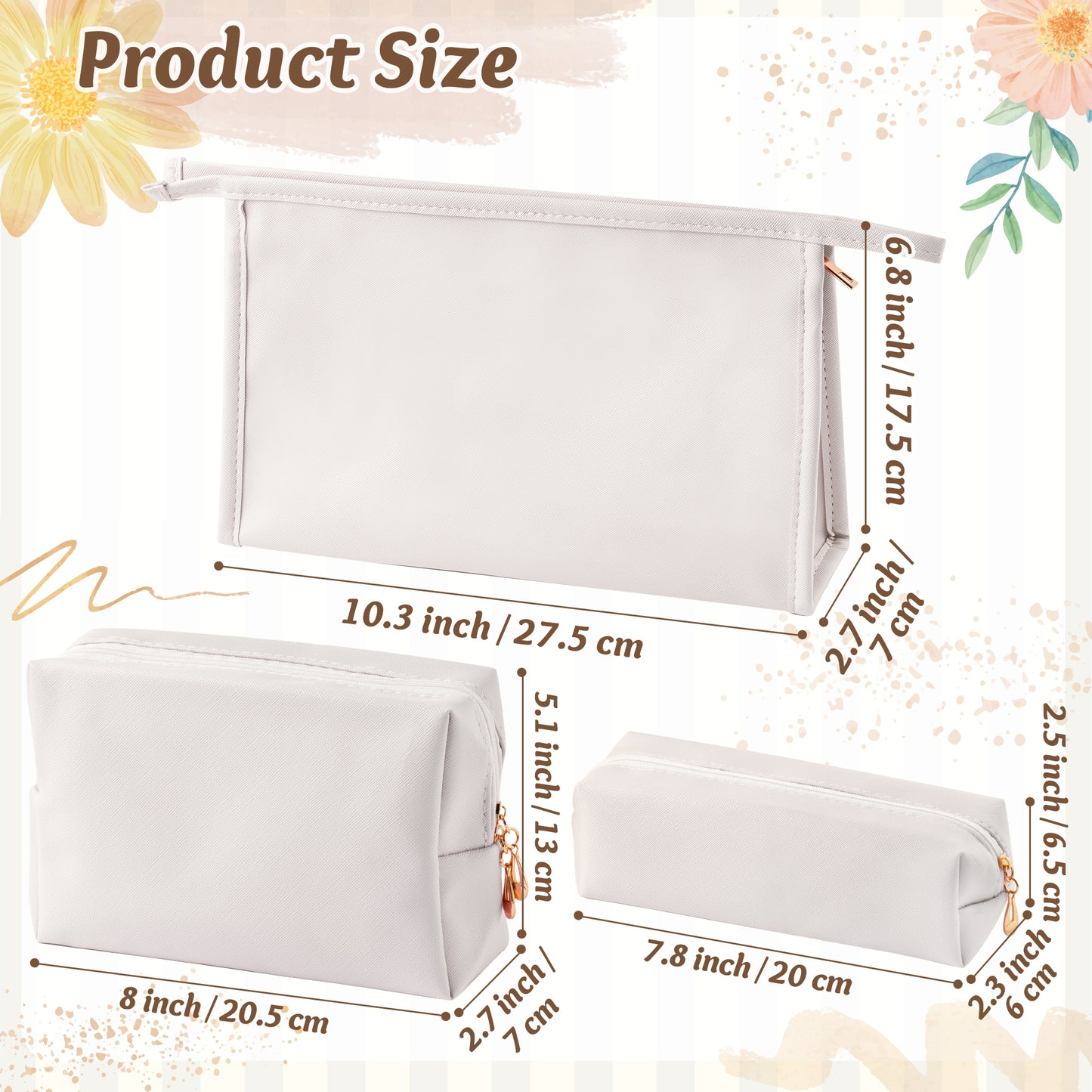 Y1tvei Makeup Bag for Women - 3Pcs Minimalist PU Leather Makeup Bag Set, Large Cosmetic Pouch with Zipper for Purse, Travel Makeup Brush Holder, Waterproof Portable Cosmetic Toiletry Organizer(White)