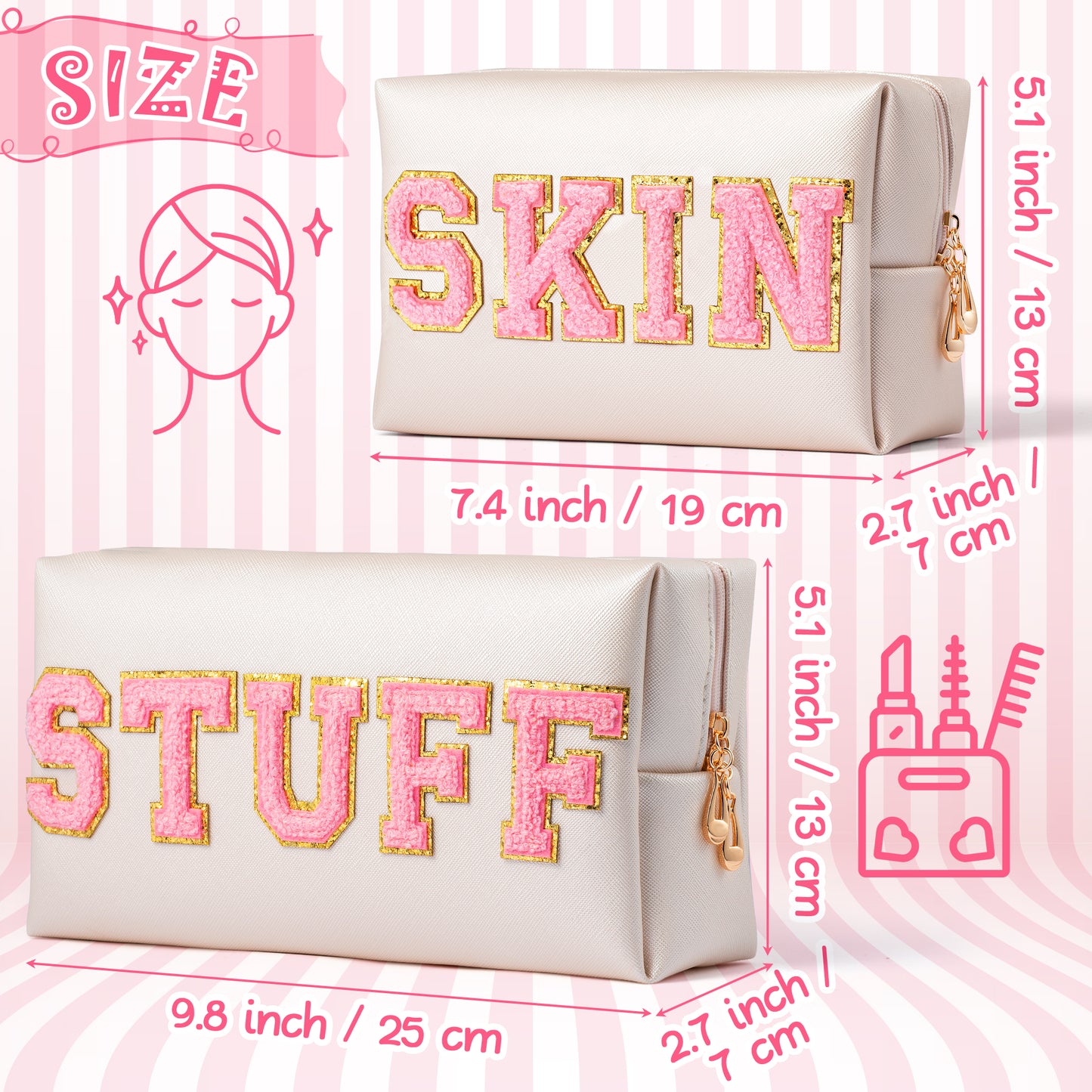 Y1tvei 2Pcs Preppy Patch SKIN STUFF Chenille Letter Cosmetic Bag Sewn with Pink Felt Letter PU Leather Waterproof Portable Large Makeup Pouch for Purse Toiletry Zipper Organizer for Women (Shell Gold)