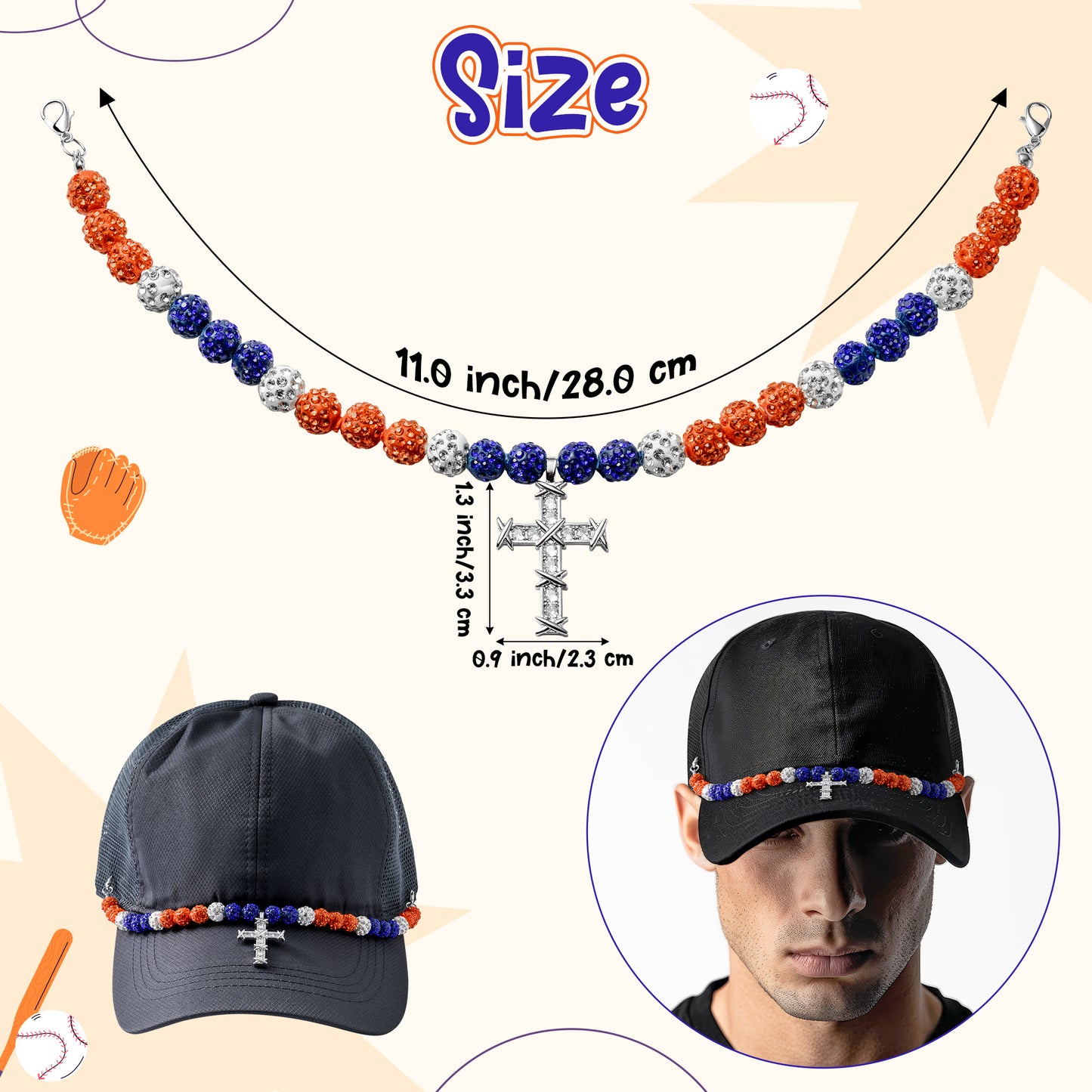 Y1tvei Baseball Trucker Hat Chain - Bling Baseball Clay RhinestoneBead Cross Trucker Hat Chains Bill Decoration, DIY Mesh Baseball Cap Jewelry Accessories Charms Gift for Women Men Baseball Lover