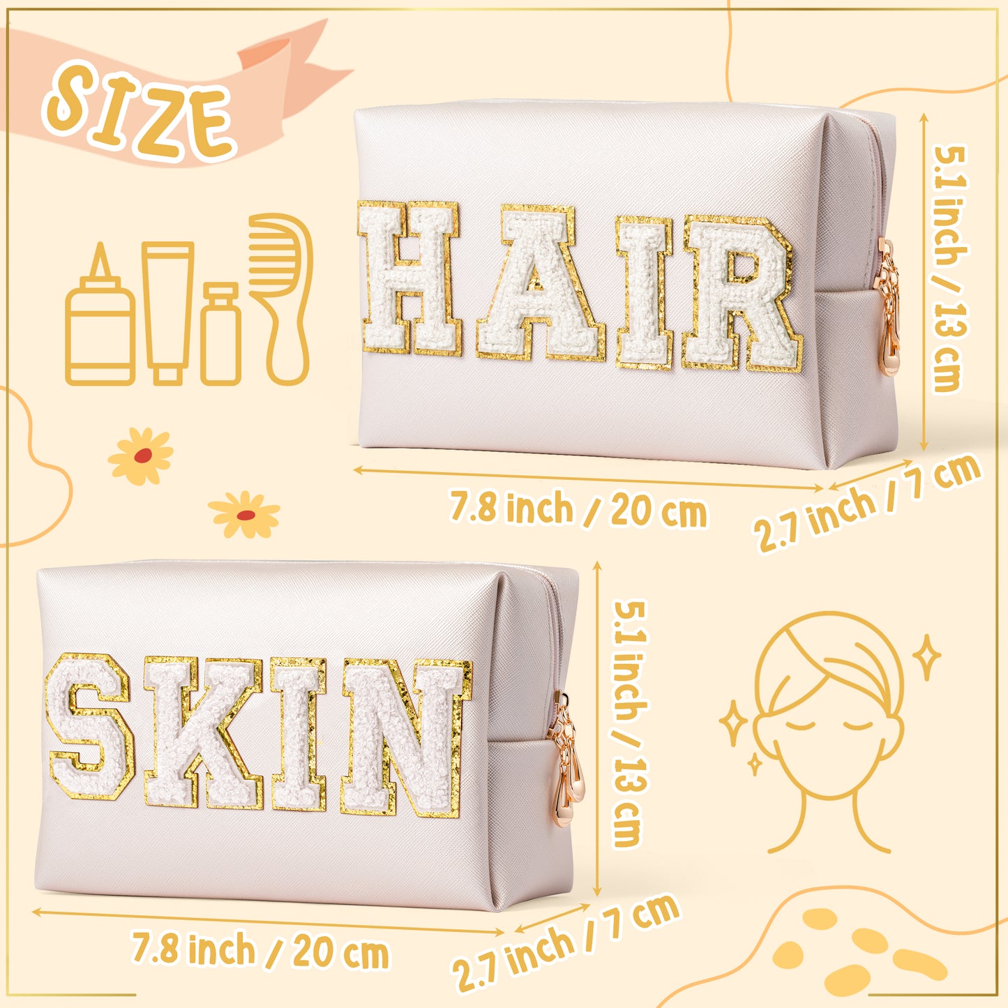 Y1tvei HAIR SKIN Makeup Bags - 2Pcs Preppy Patch SKIN HAIR Varsity White Letter Cosmetic Toiletry Bag Zipper Pouch Storage Portable Purse Waterproof Travel Organizer Gift for Women Girls (Shell Gold)